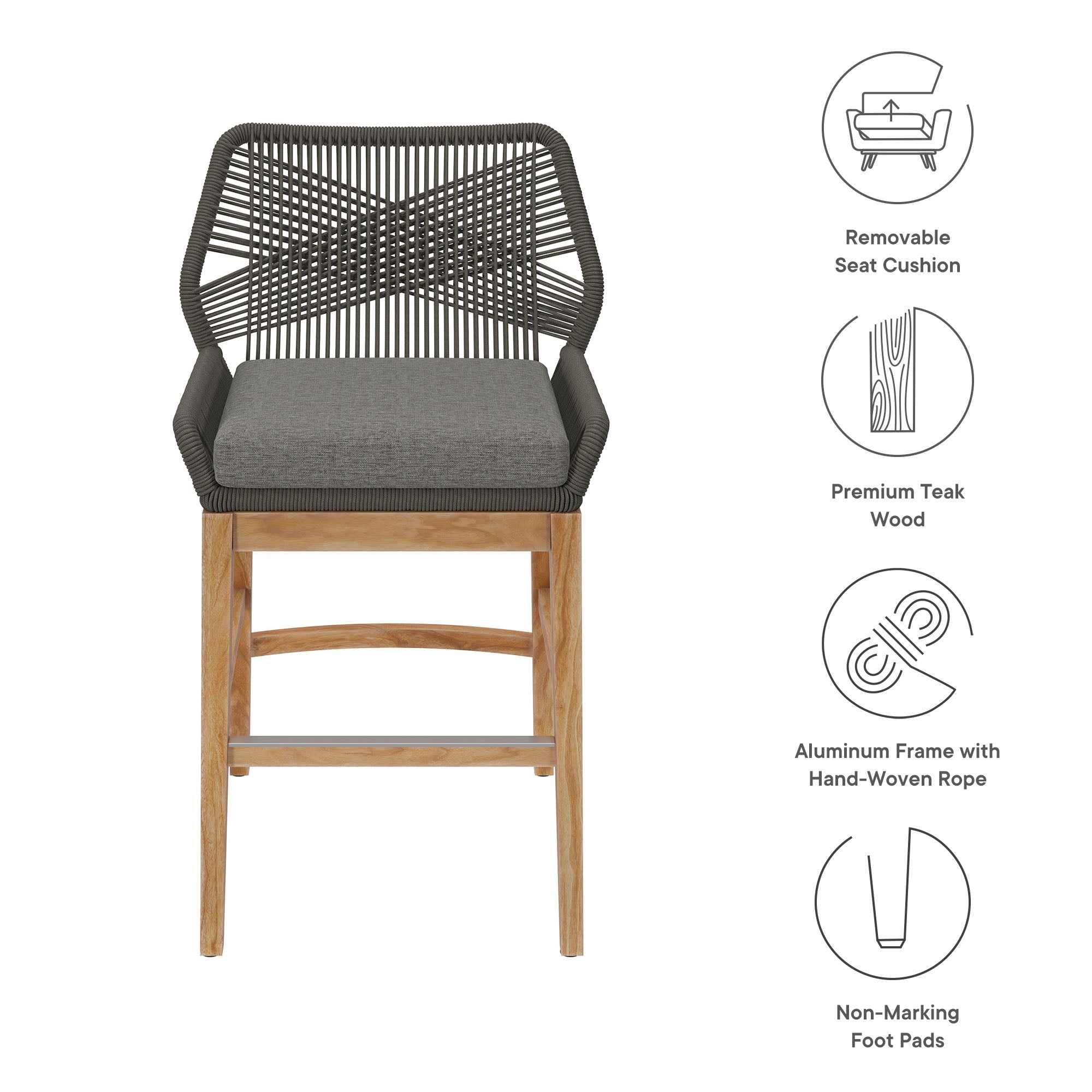 Wellspring Outdoor Patio Teak and Rope Counter Stool - Gray Graphite
