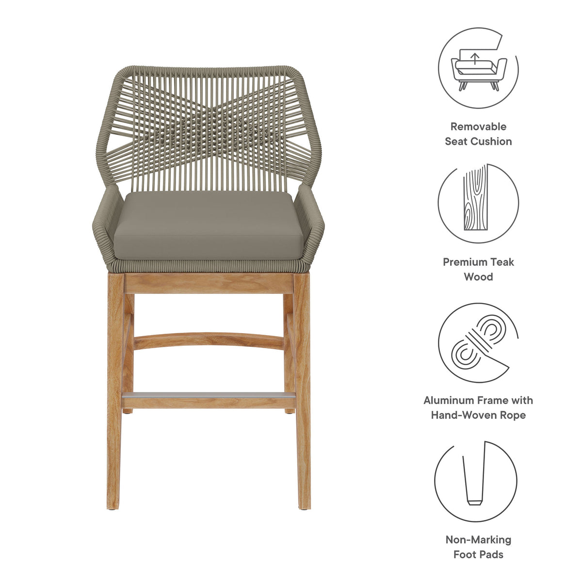 Wellspring Outdoor Patio Teak and Rope Counter Stool - Light Gray Greige