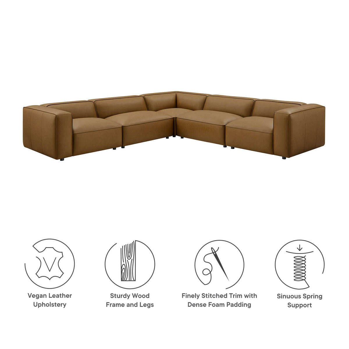 Auren 5-Piece Upholstered Vegan Leather Modular L-Shaped Sofa - Camel
