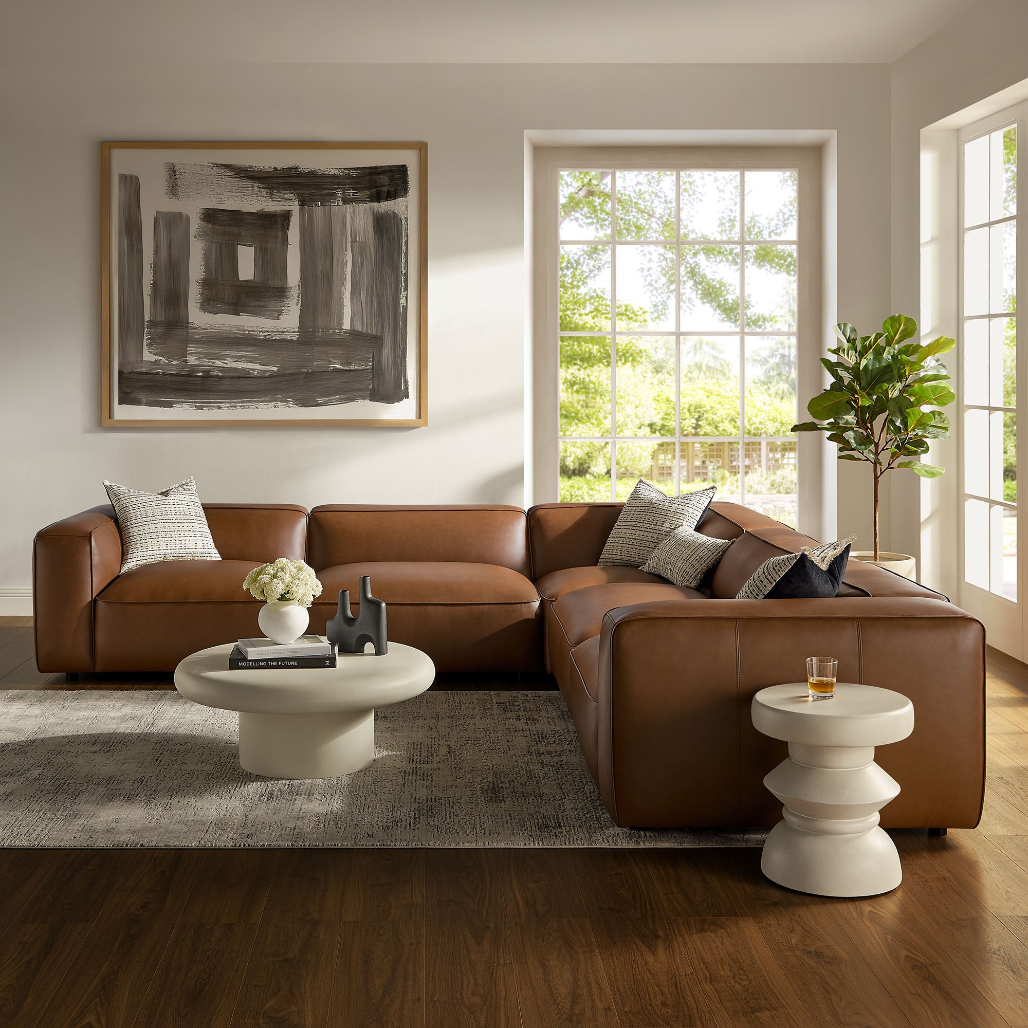 Auren 5-Piece Upholstered Vegan Leather Modular L-Shaped Sofa - Coffee