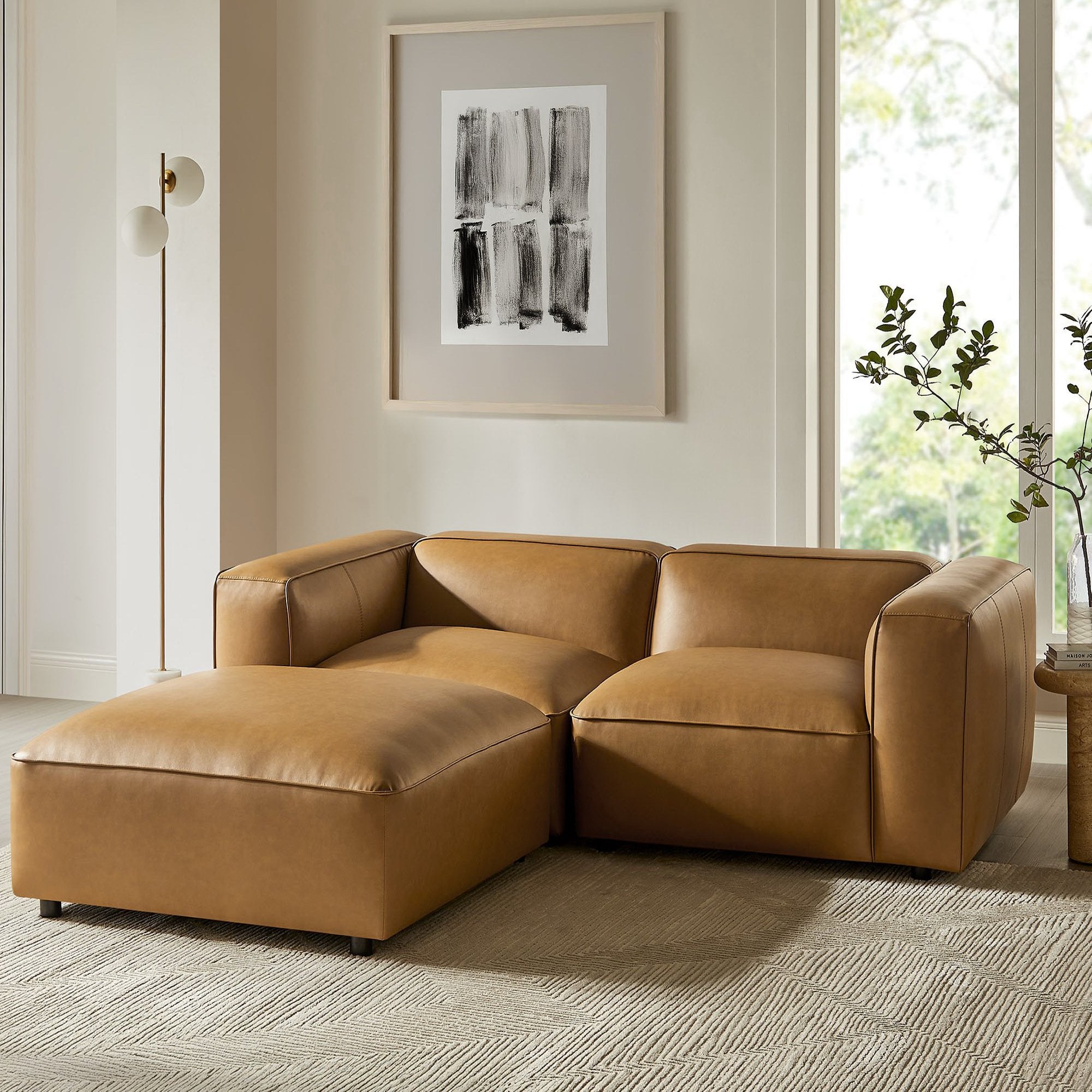 Auren 3-Piece Upholstered Vegan Leather Modular Loveseat with Ottoman - Camel