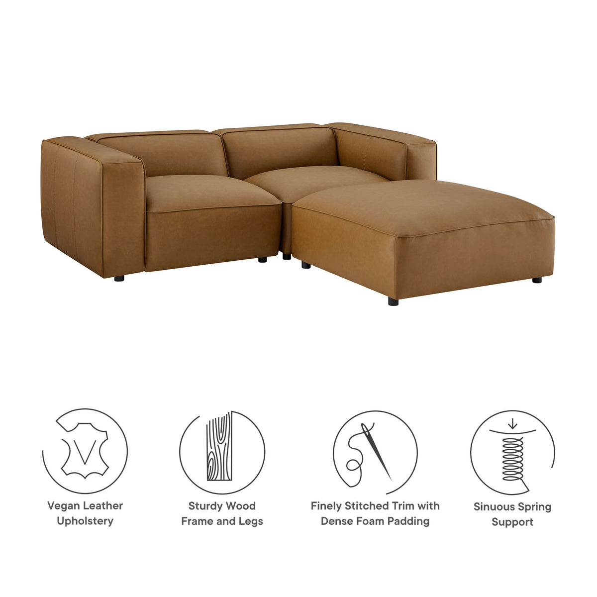 Auren 3-Piece Upholstered Vegan Leather Modular Loveseat with Ottoman - Camel