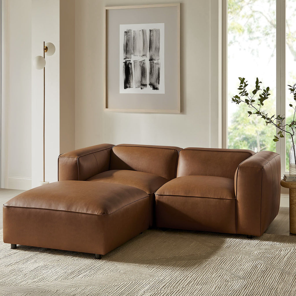 Auren 3-Piece Upholstered Vegan Leather Modular Loveseat with Ottoman - Coffee