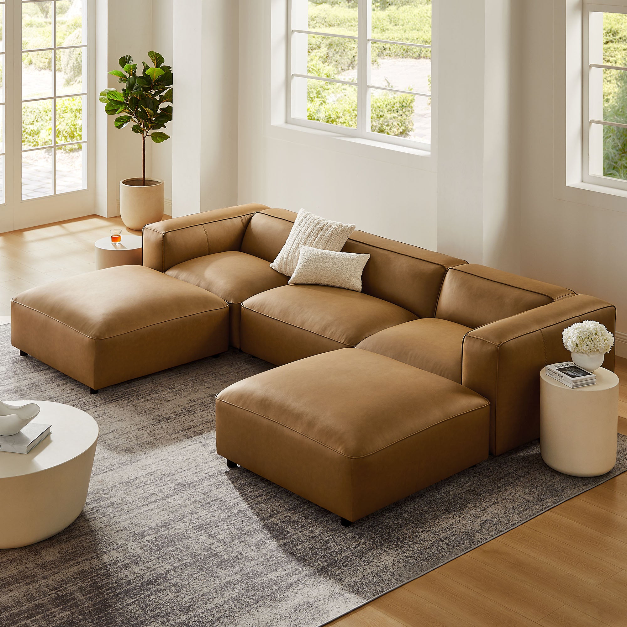 Auren 5-Piece Upholstered Vegan Leather Modular U-Shaped Sofa - Camel