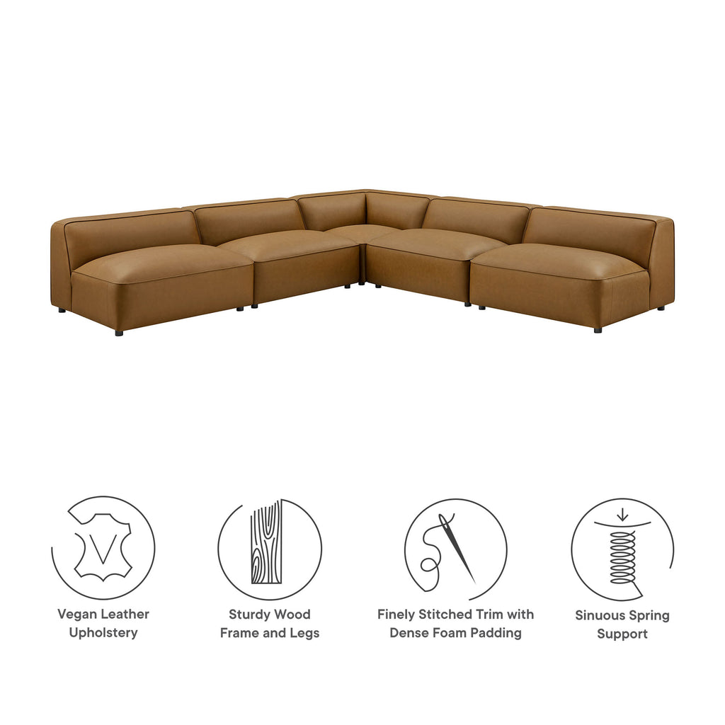 Auren 5-Piece Upholstered Armless L-Shaped Vegan Leather Modular Sofa - Camel