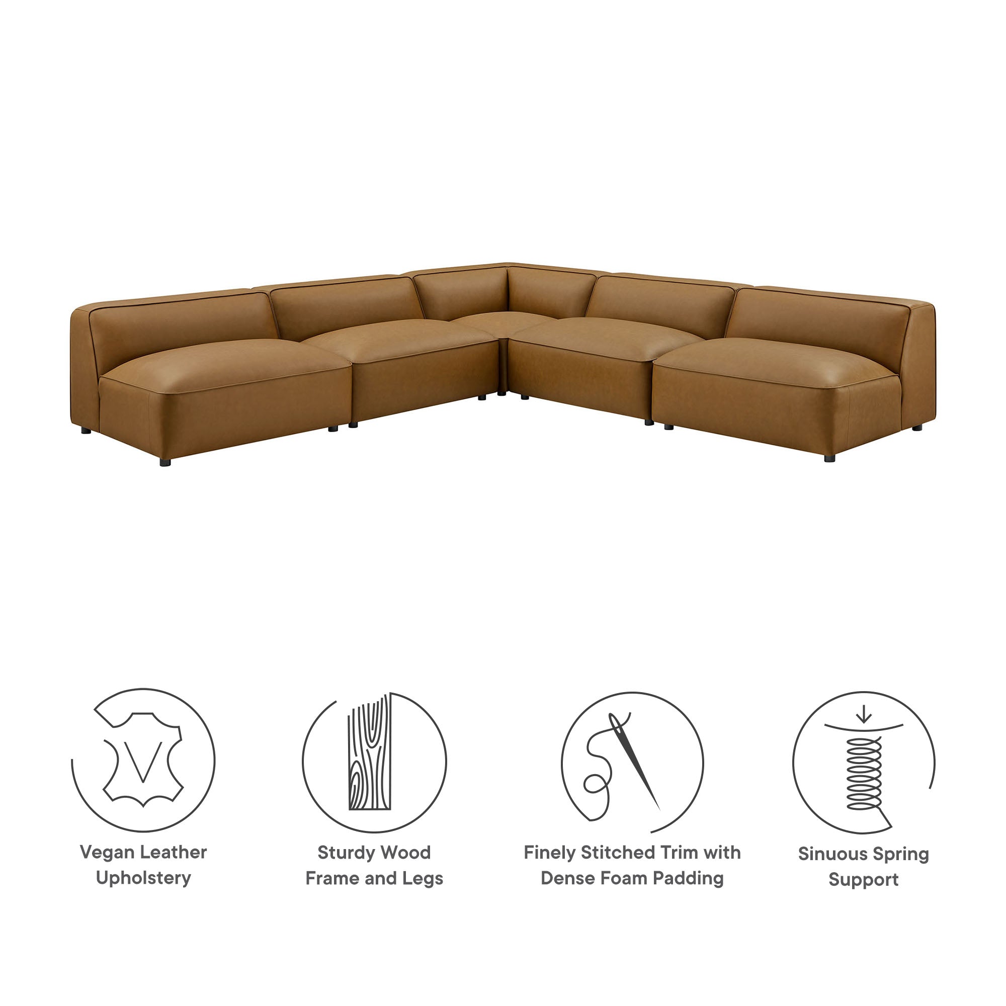 Auren 5-Piece Upholstered Armless L-Shaped Vegan Leather Modular Sofa - Camel
