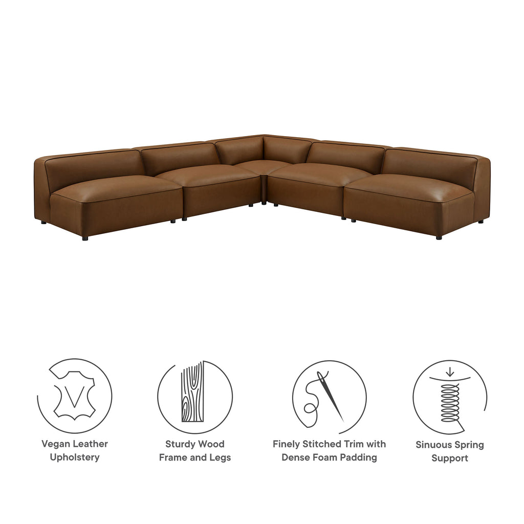 Auren 5-Piece Upholstered Armless L-Shaped Vegan Leather Modular Sofa - Coffee