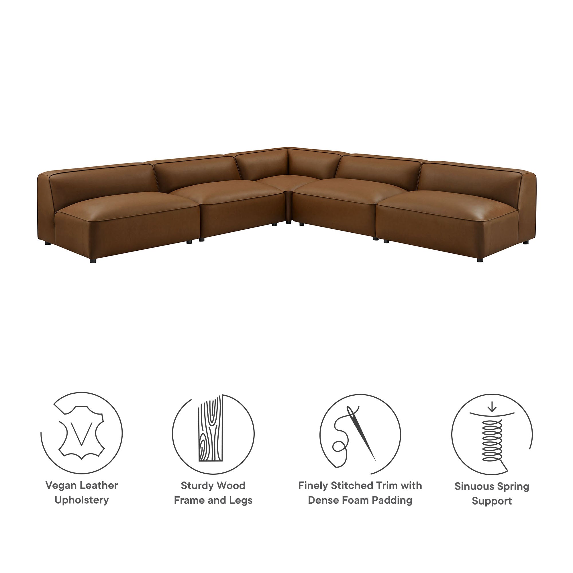 Auren 5-Piece Upholstered Armless L-Shaped Vegan Leather Modular Sofa - Coffee
