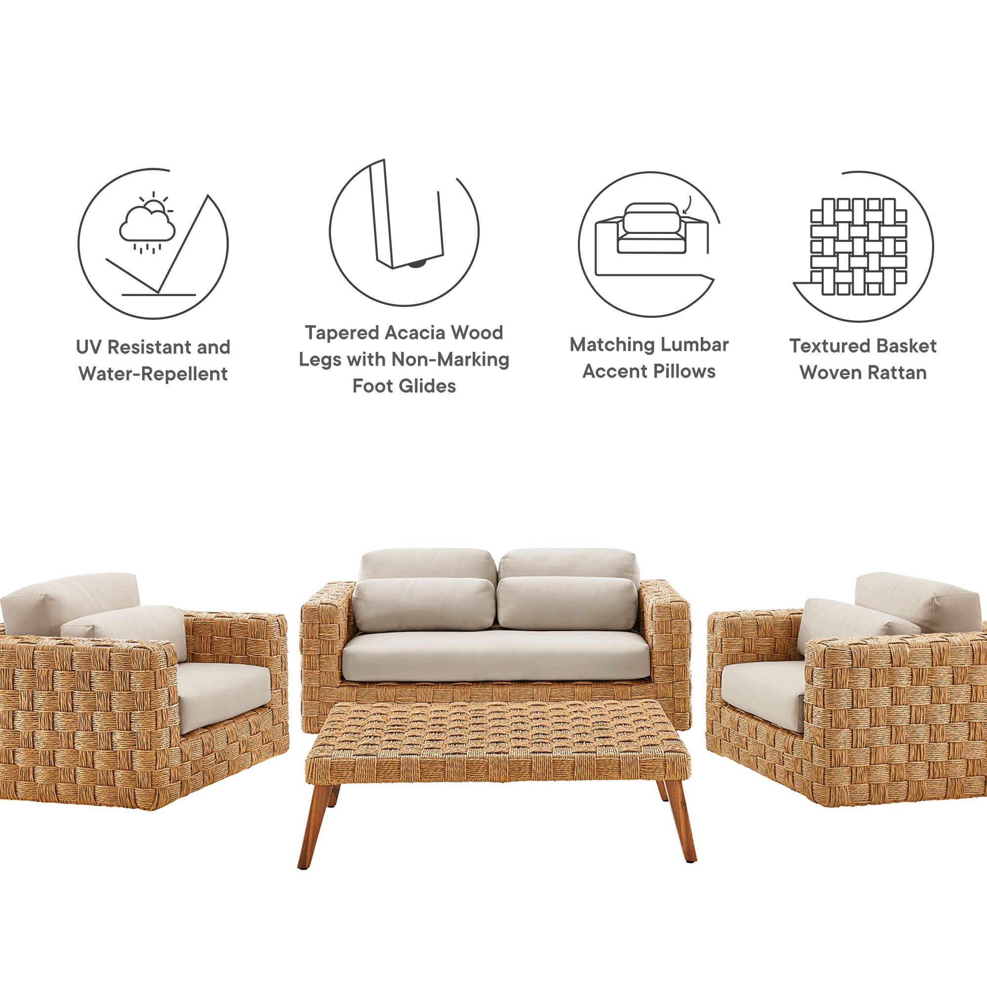 Thames 4-Piece Outdoor Patio Wicker Outdoor Patio Rattan Furniture Set - Natural Light Gray