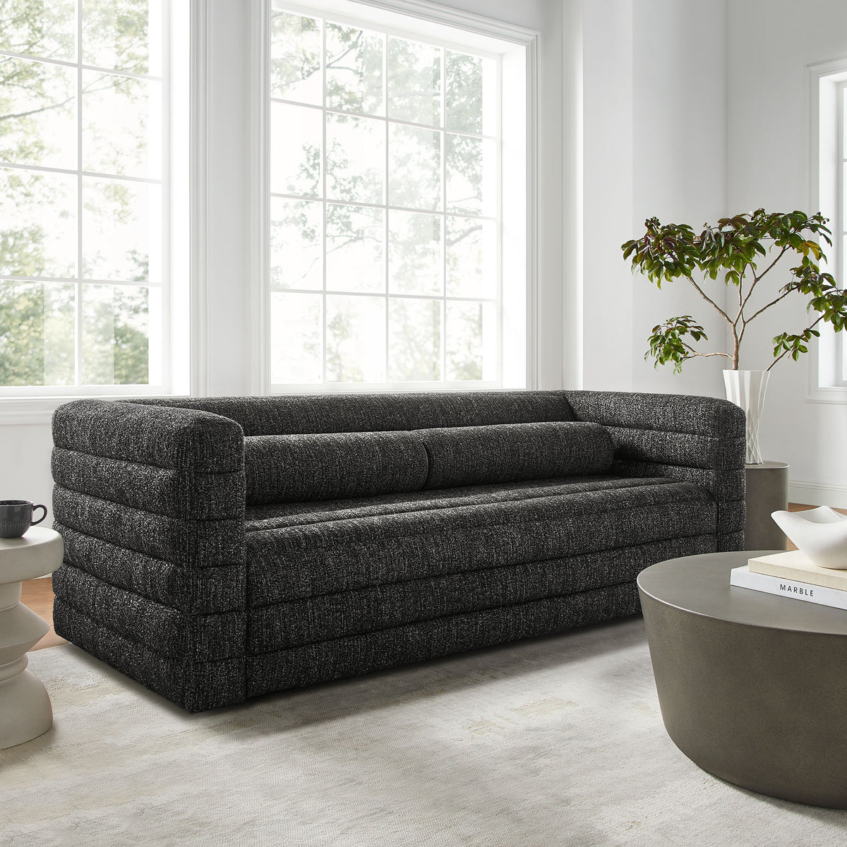 Relle Channel Tufted Boucle Upholstered Sofa - Charcoal