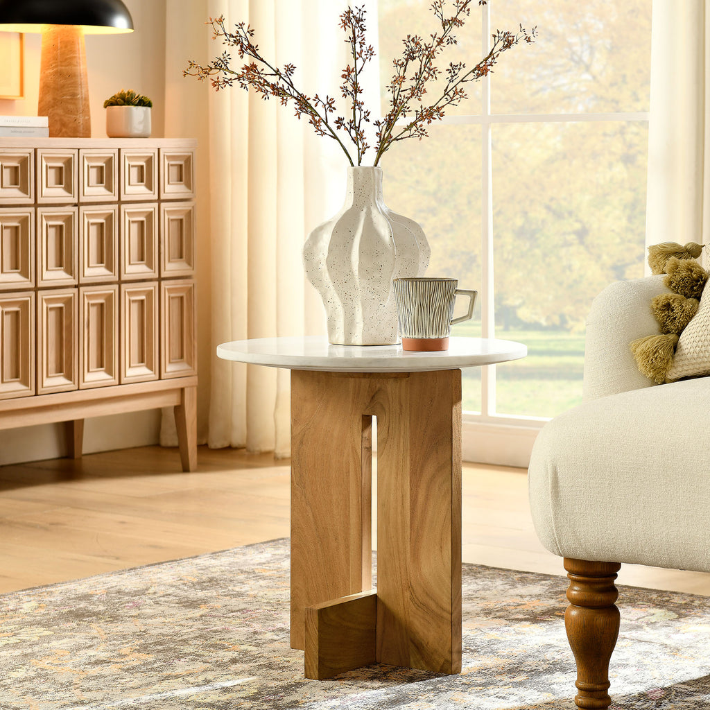 Tarin Acacia Wood and Marble Side Table - Natural