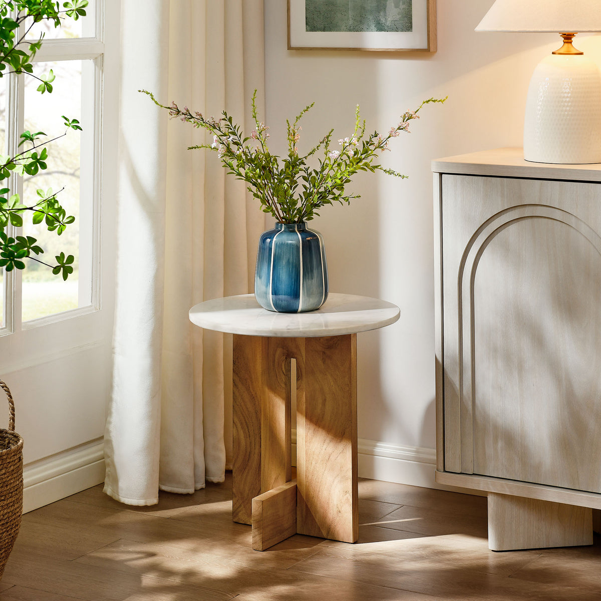 Tarin Acacia Wood and Marble Side Table - Natural