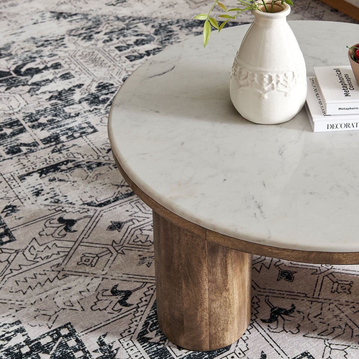 Ellison 33" Round Wood Coffee Table With Marble Top - Walnut