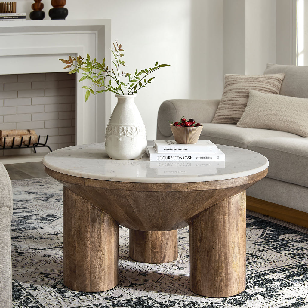 Ellison 33" Round Wood Coffee Table With Marble Top - Walnut