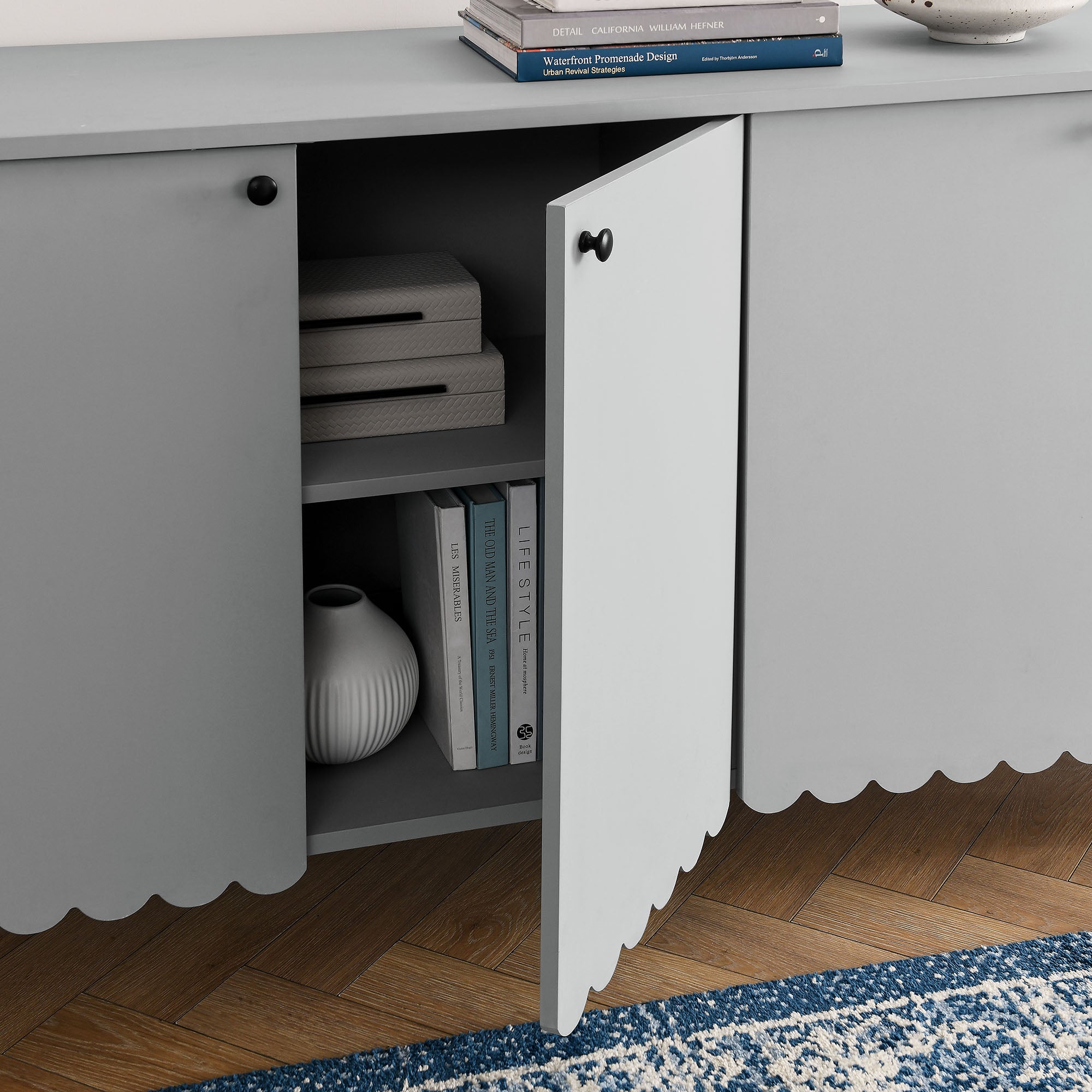 Emmeline 66" 4-Door Scalloped Sideboard Cabinet - Light Gray