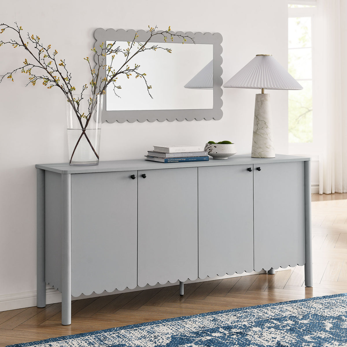 Emmeline 66" 4-Door Scalloped Sideboard Cabinet - Light Gray
