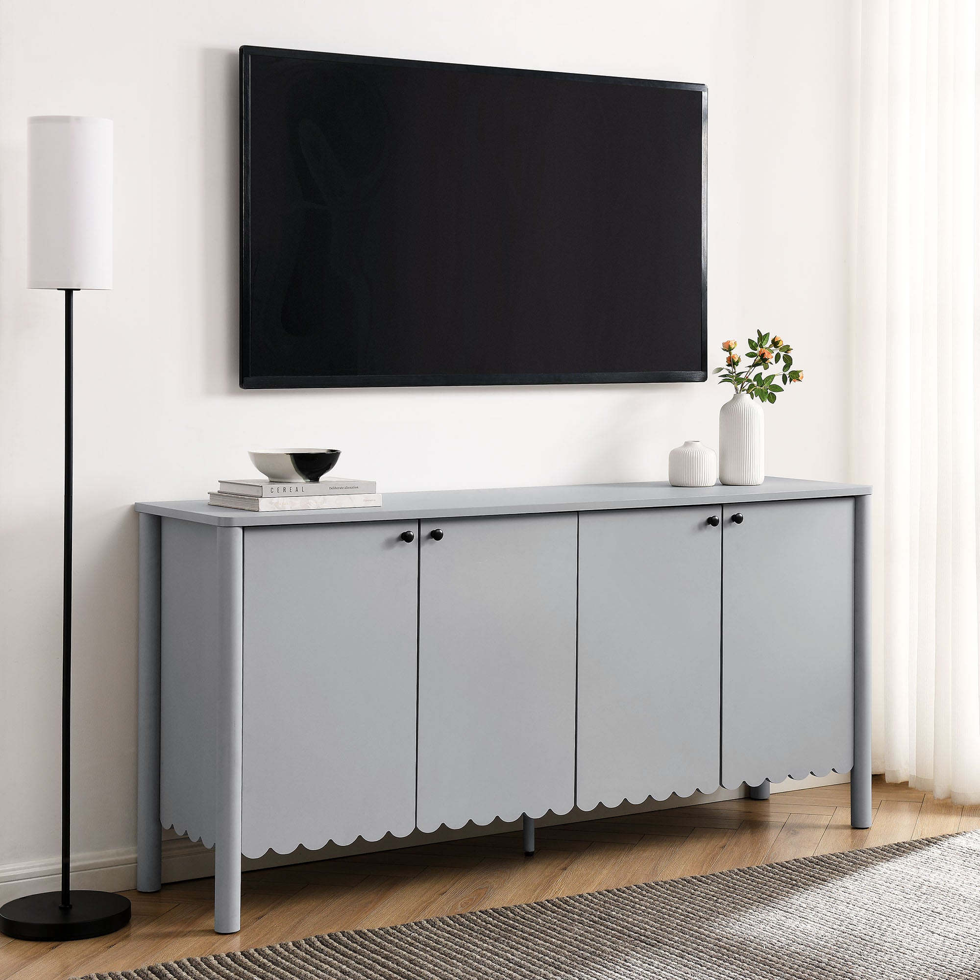 Emmeline 66" 4-Door Scalloped Sideboard Cabinet - Light Gray