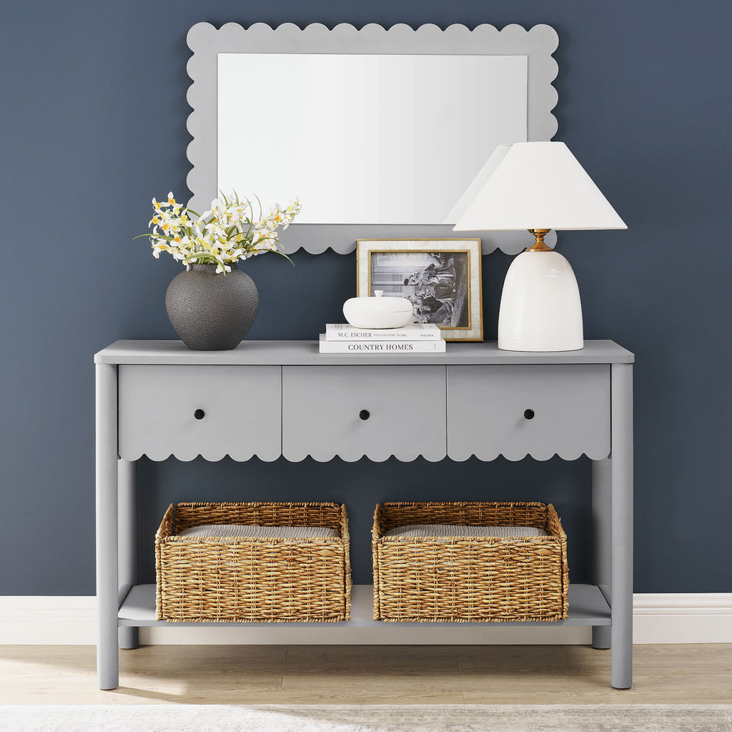 Emmeline 3-Drawer Scalloped Console Table - Light Gray