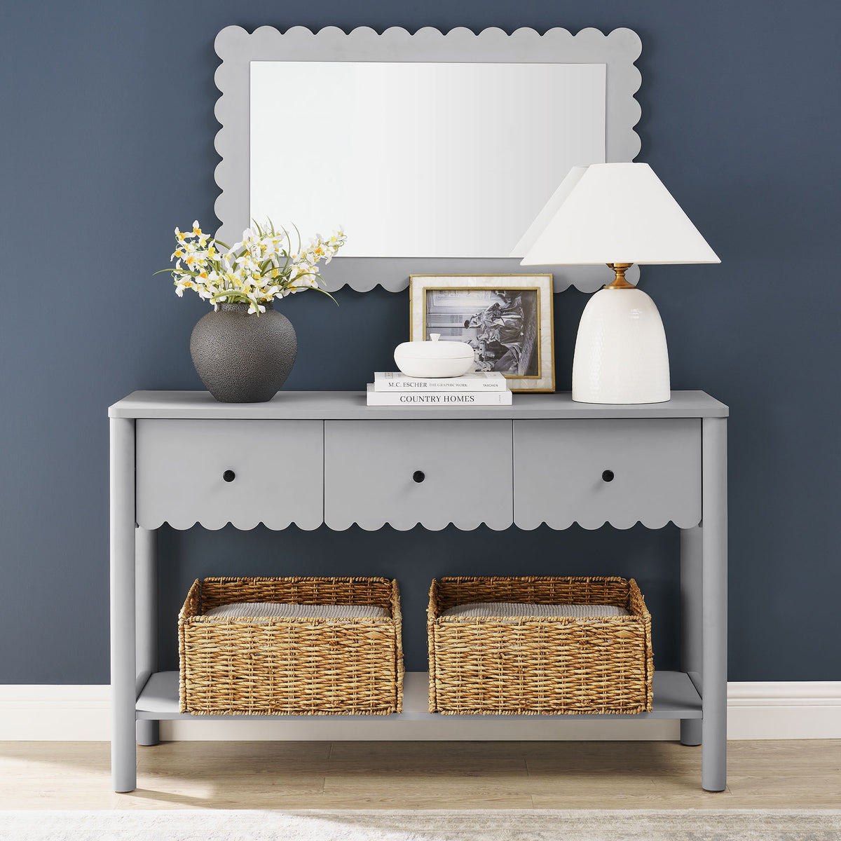 Emmeline 3-Drawer Scalloped Console Table - Light Gray