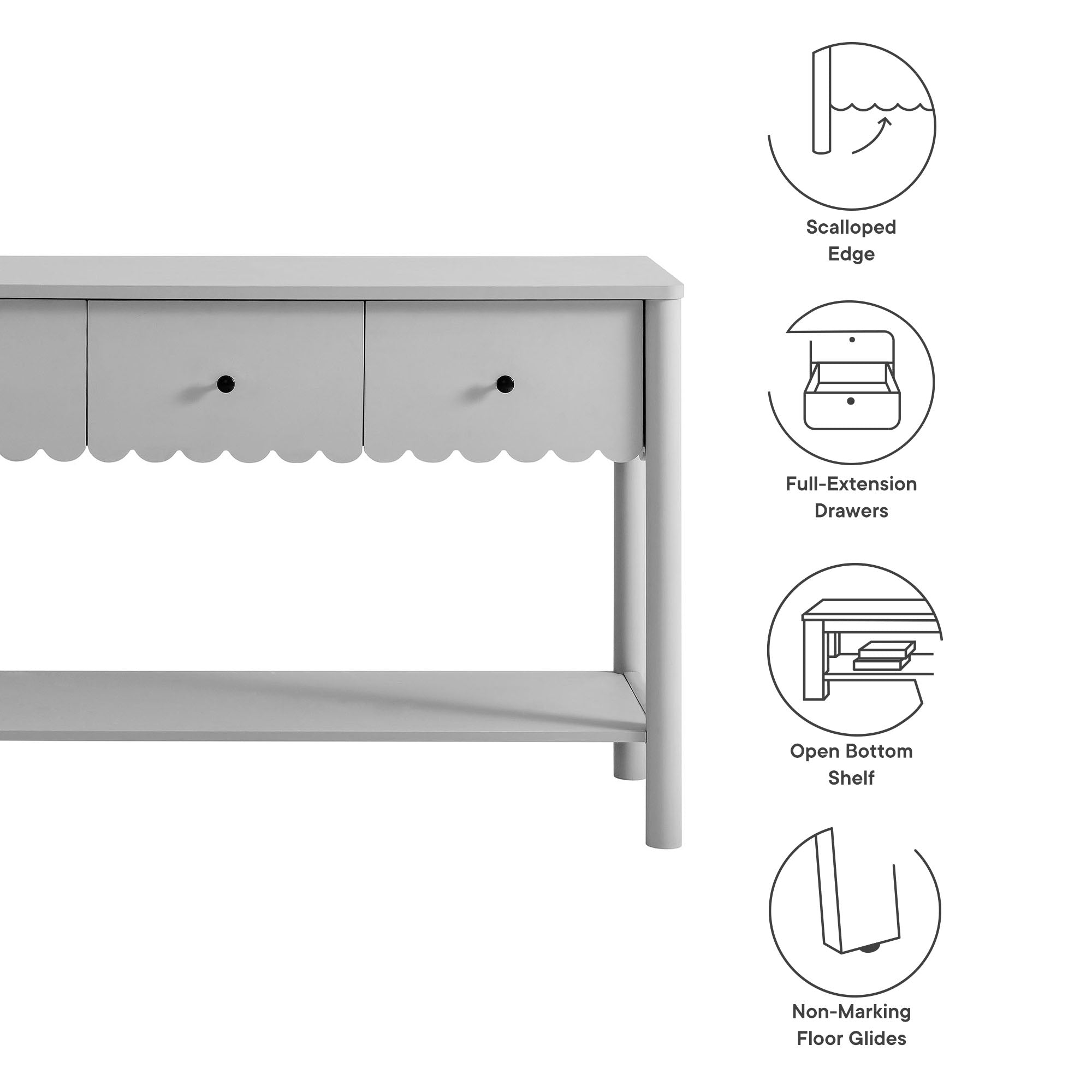 Emmeline 3-Drawer Scalloped Console Table - Light Gray