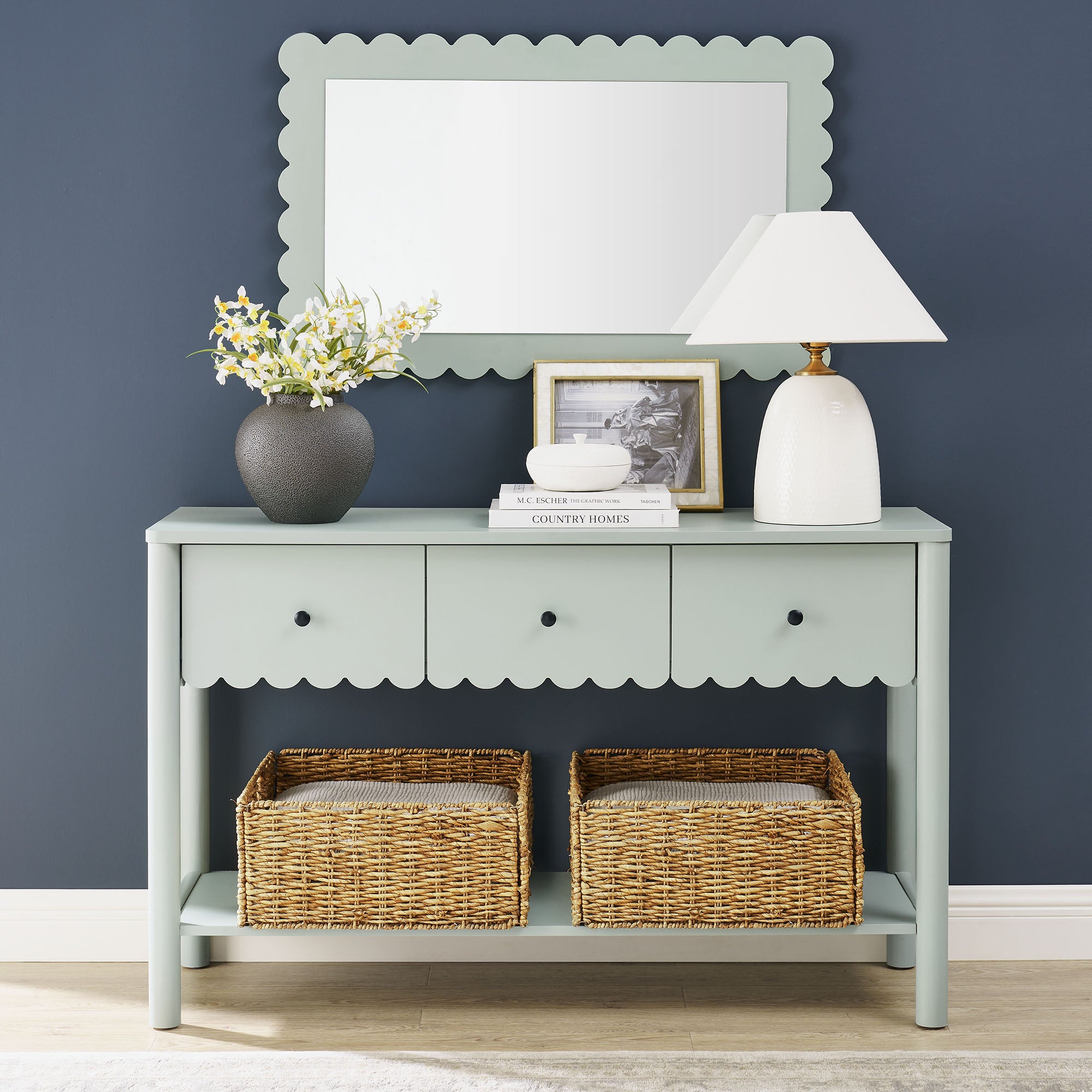Emmeline 3-Drawer Scalloped Console Table - Sage