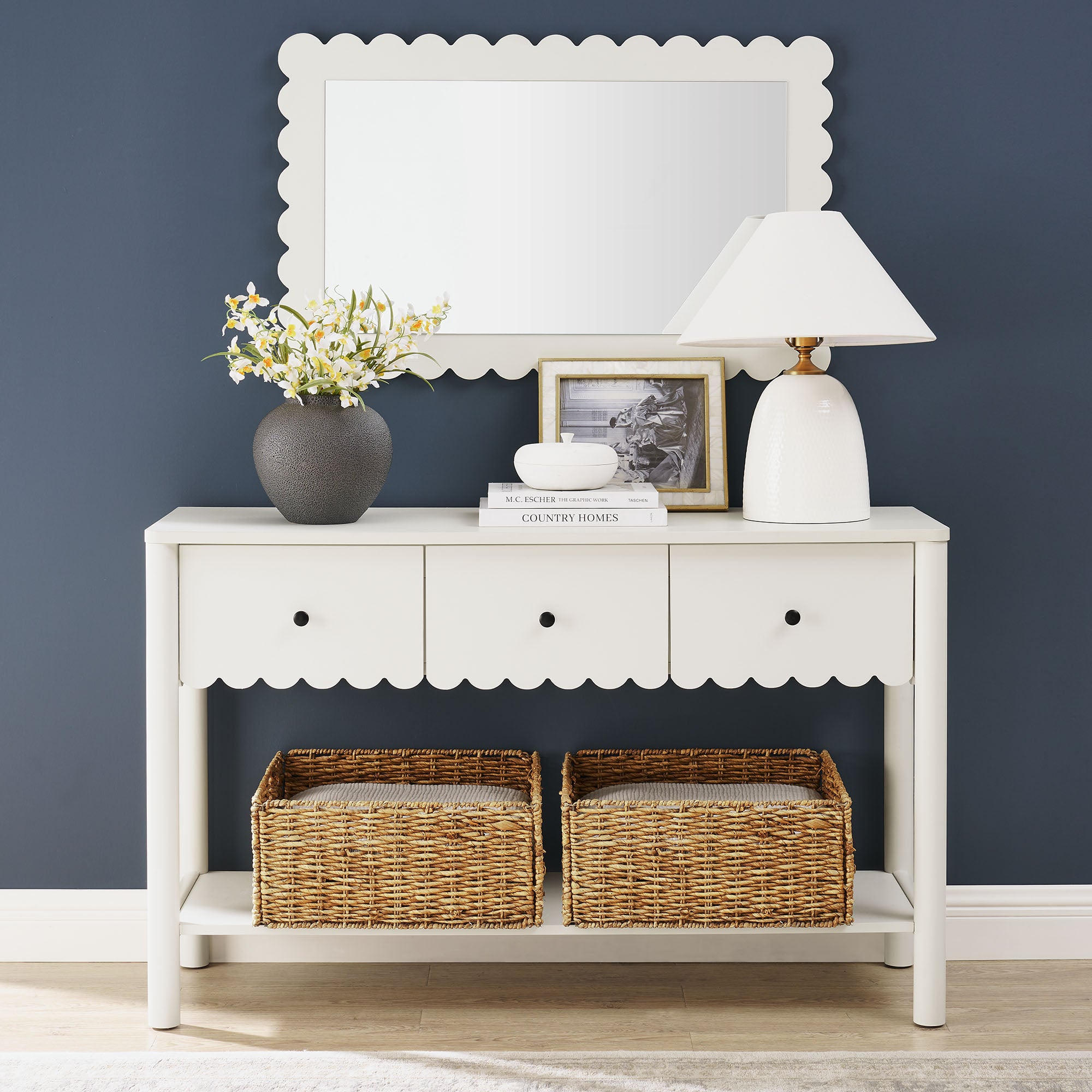 Emmeline 3-Drawer Scalloped Console Table - White
