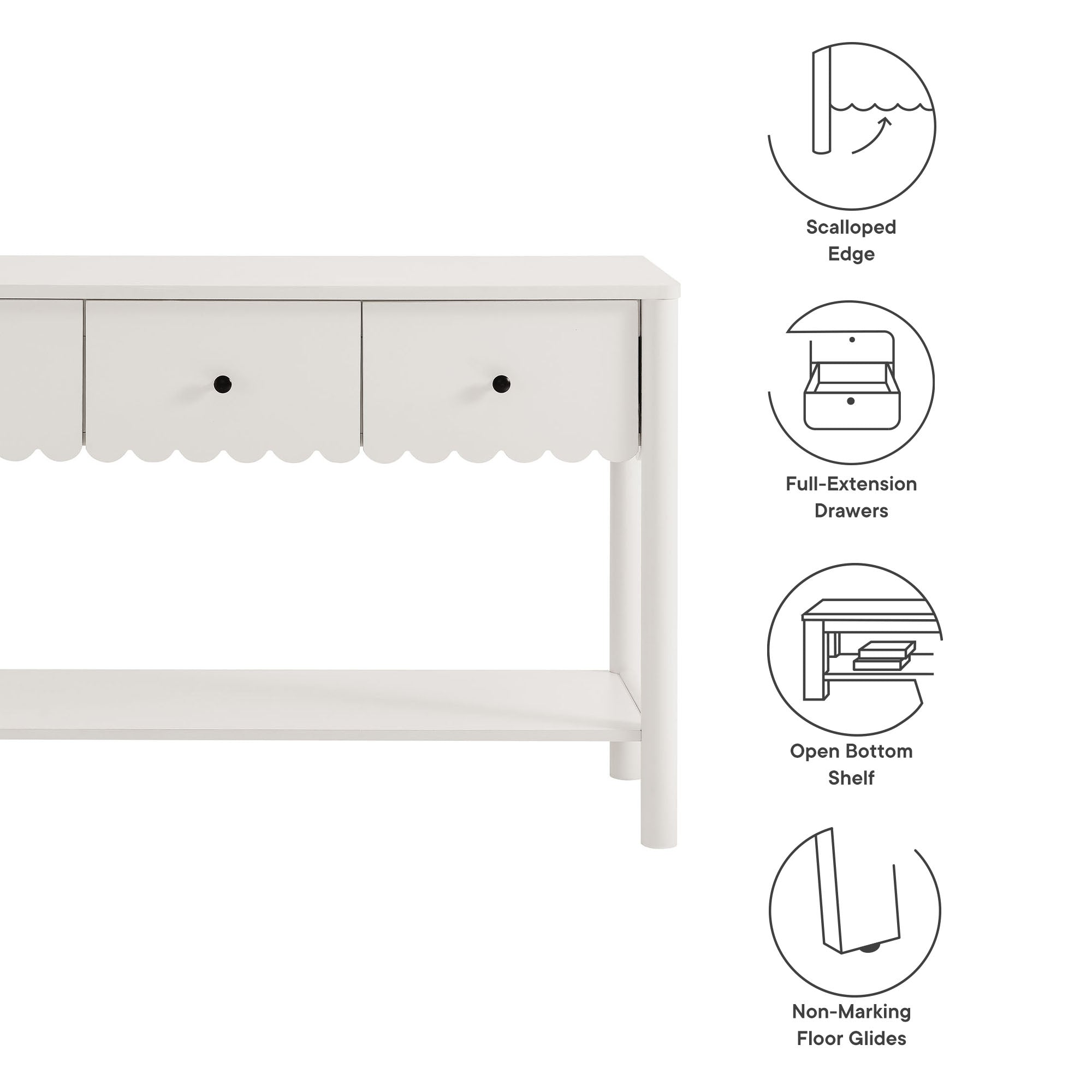 Emmeline 3-Drawer Scalloped Console Table - White