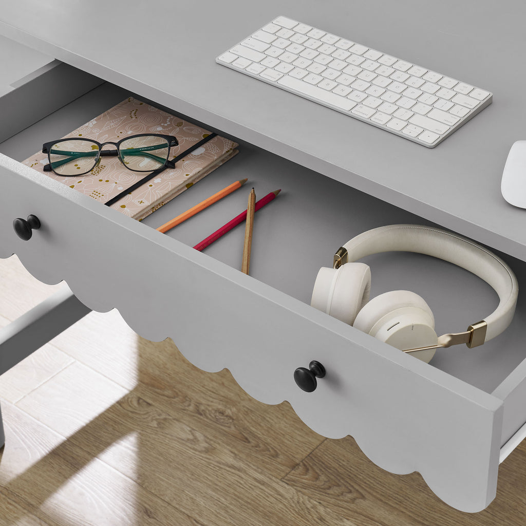 Emmeline 1-Drawer Scallop Writing Desk - Light Gray