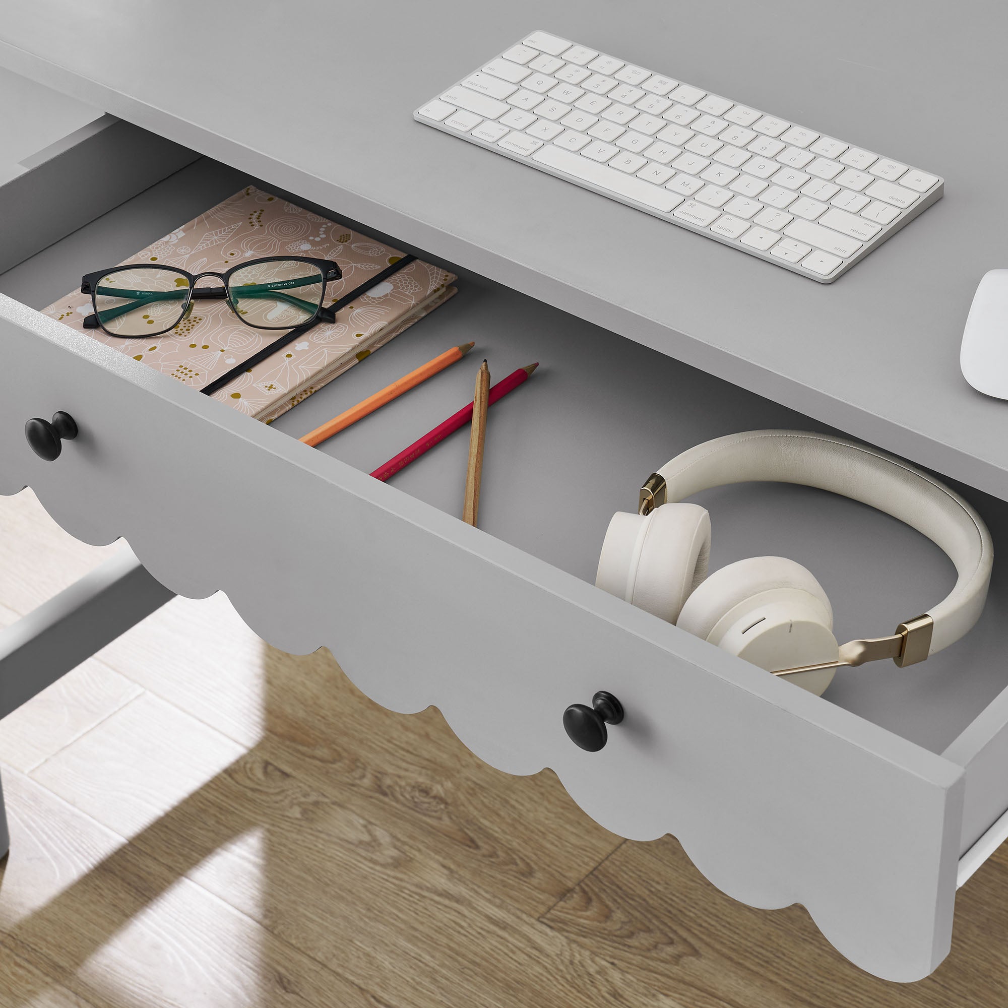Emmeline 1-Drawer Scallop Writing Desk - Light Gray