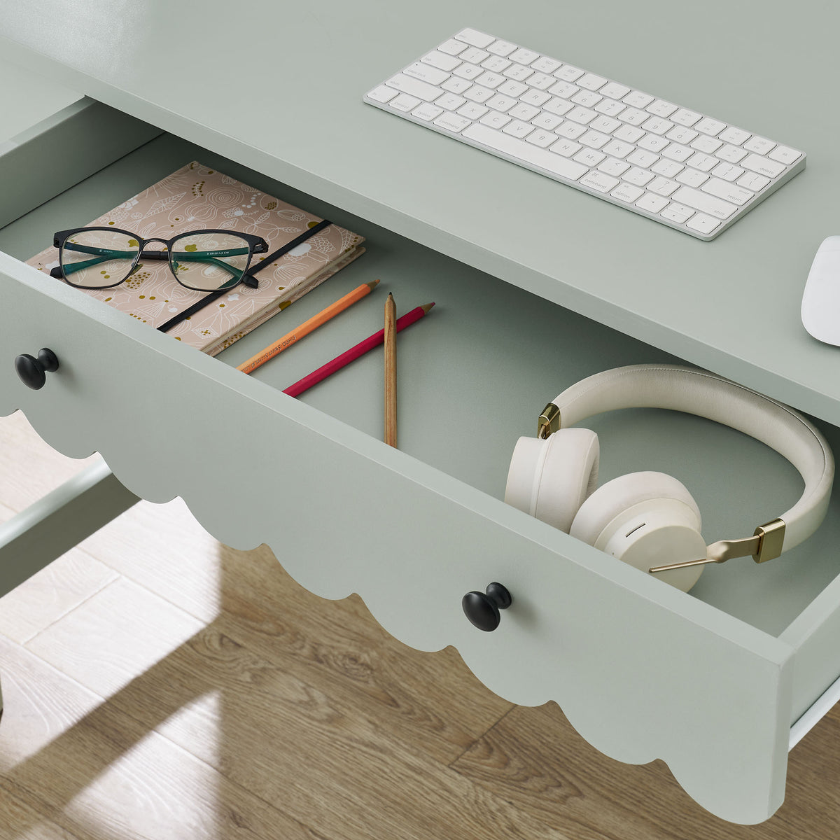 Emmeline 1-Drawer Scallop Writing Desk - Sage