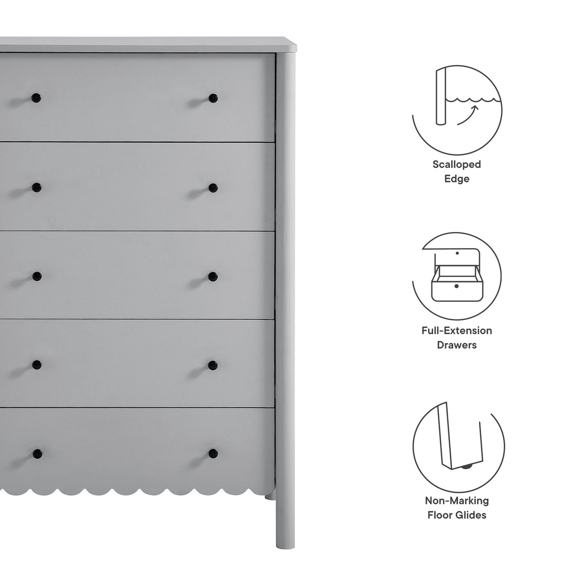 Emmeline Scalloped 5-Drawer Chest - Light Gray