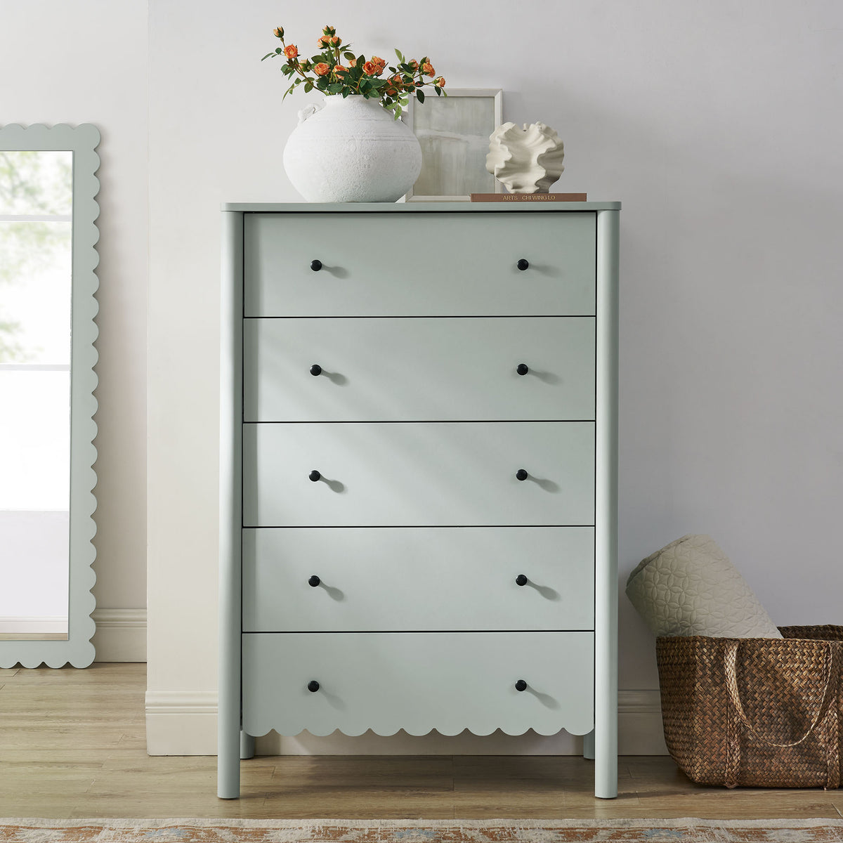 Emmeline Scalloped 5-Drawer Chest - Sage
