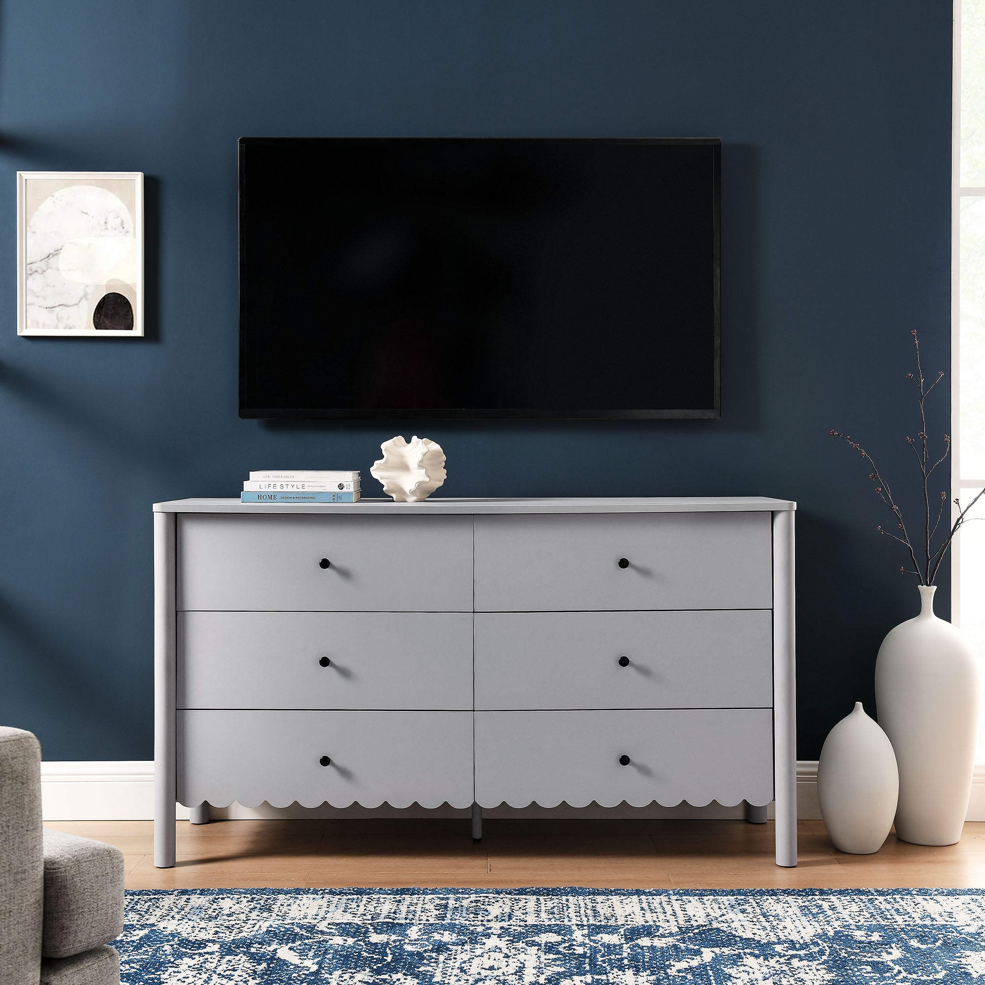 Emmeline Scalloped 6-Drawer Dresser - Light Gray