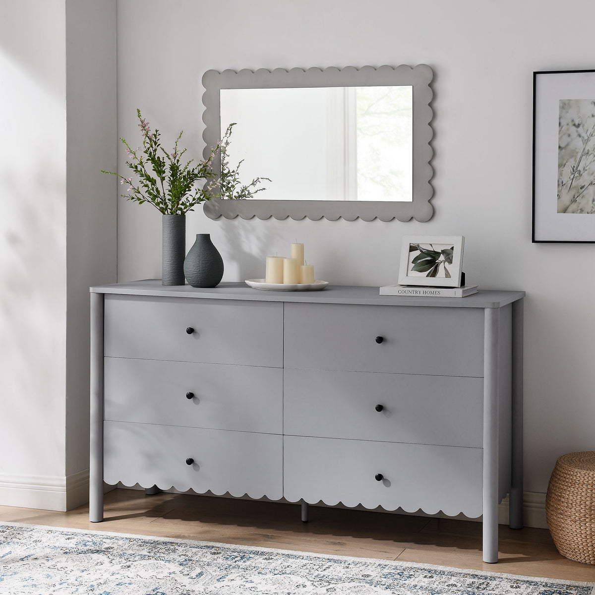 Emmeline Scalloped 6-Drawer Dresser - Light Gray