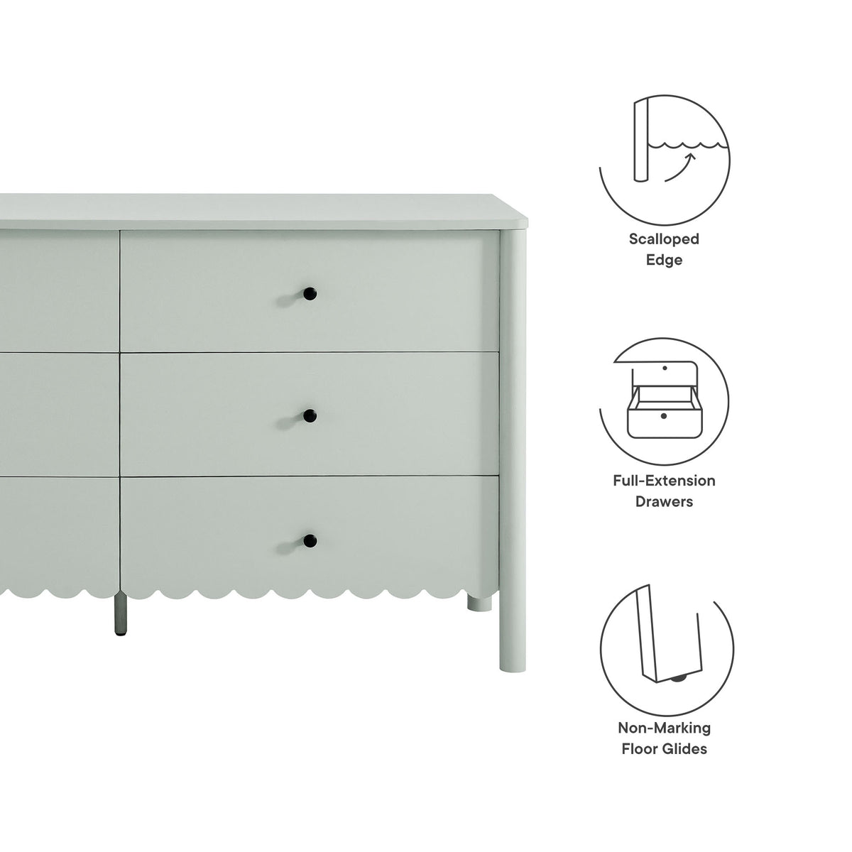Emmeline Scalloped 6-Drawer Dresser - Sage