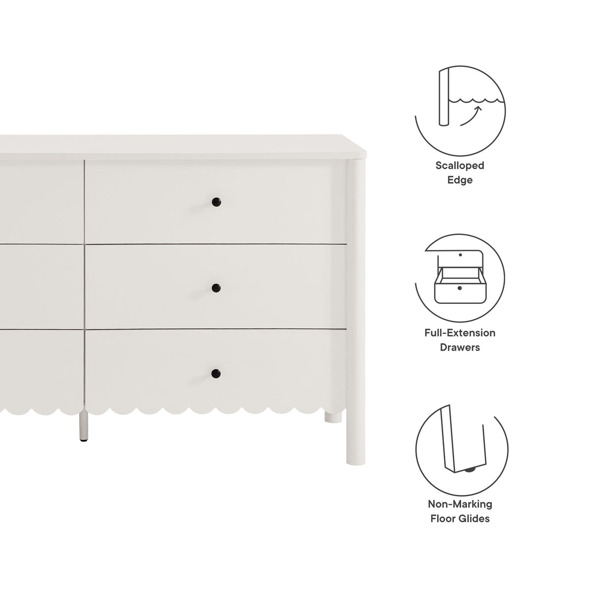 Emmeline Scalloped 6-Drawer Dresser - White