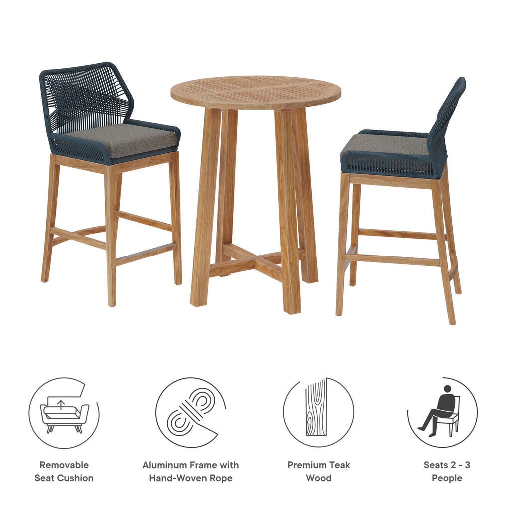 Wellspring 3-Piece Outdoor Patio Teak Wood Bar Set - Blue Graphite