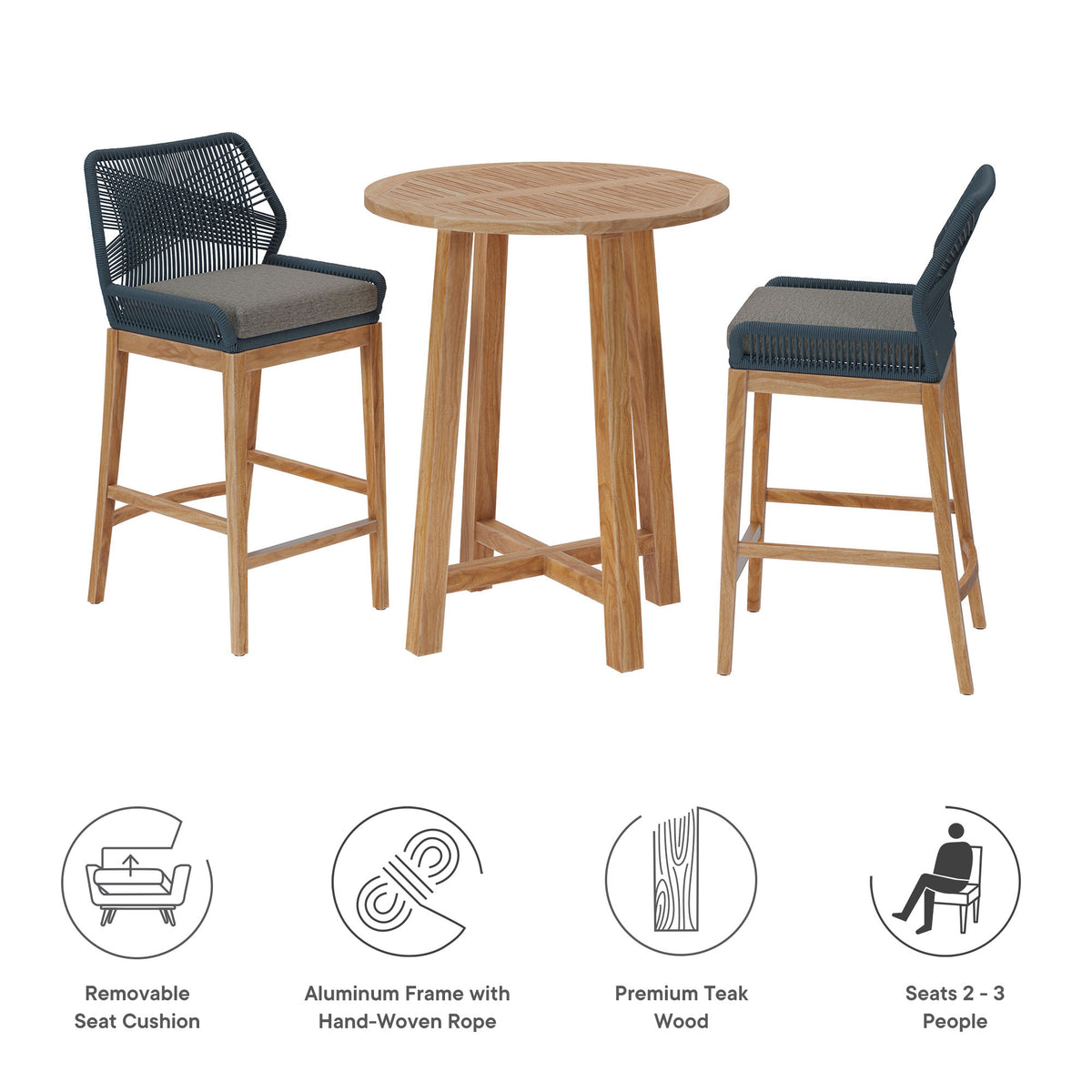 Wellspring 3-Piece Outdoor Patio Teak Wood Bar Set - Blue Graphite