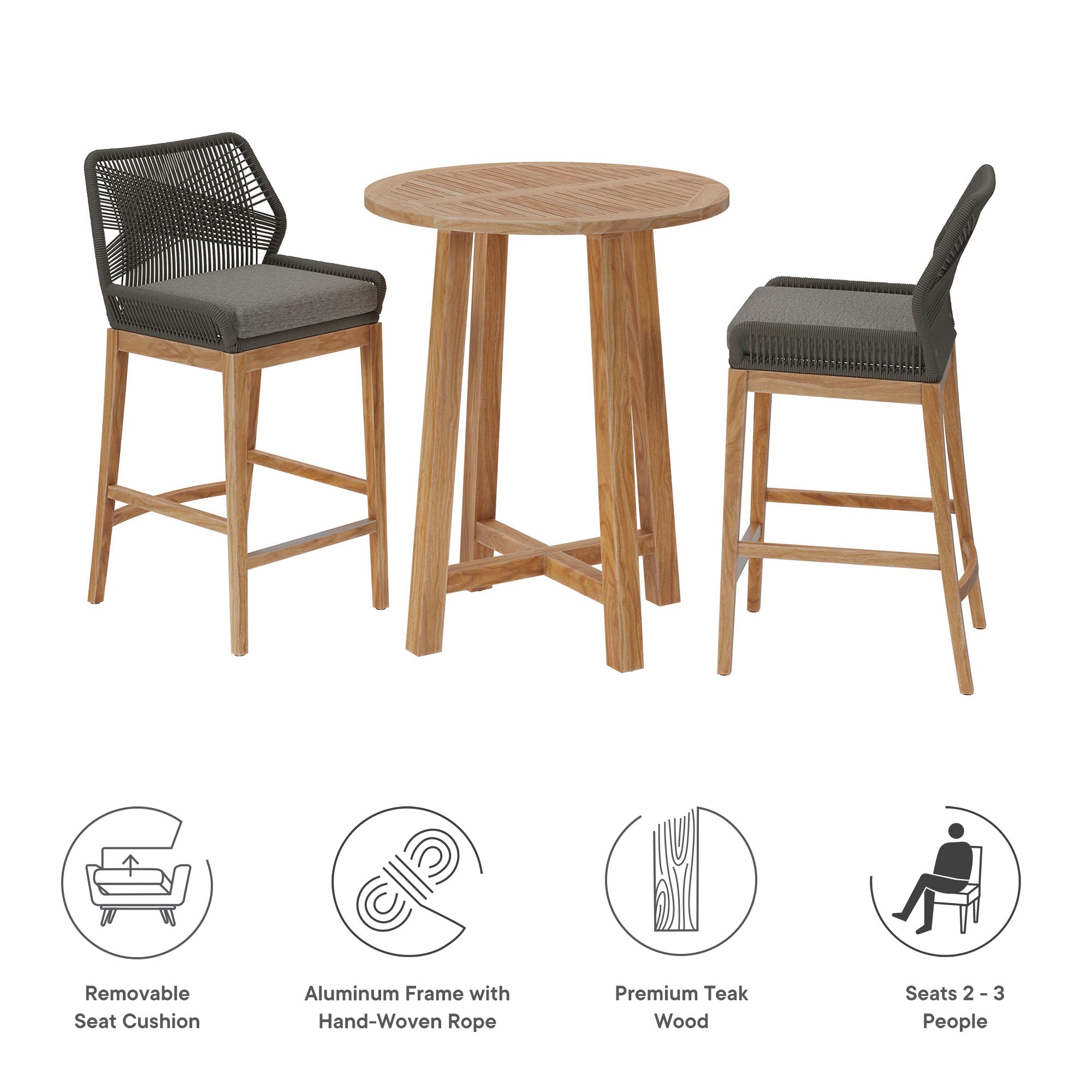 Wellspring 3-Piece Outdoor Patio Teak Wood Bar Set - Gray Graphite