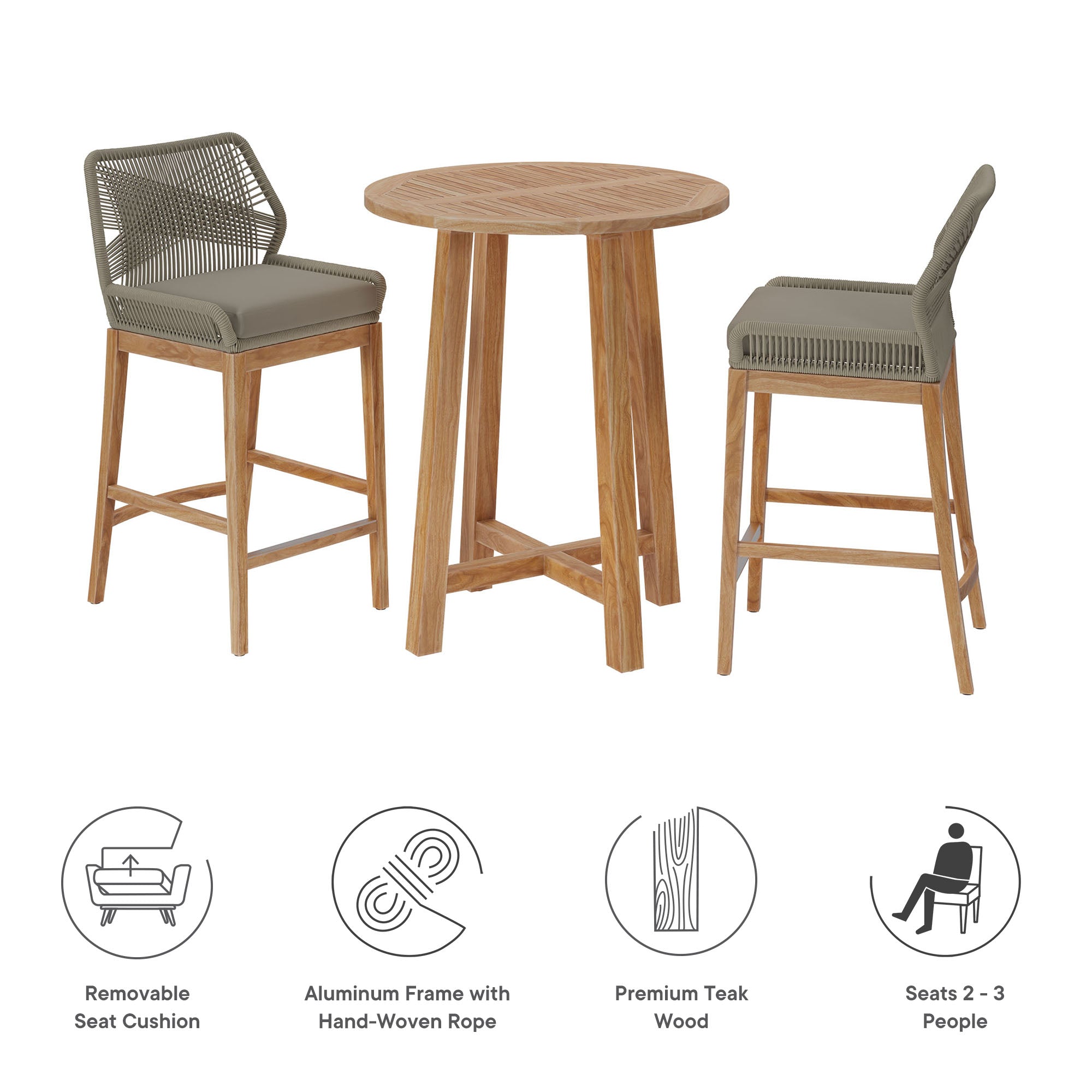 Wellspring 3-Piece Outdoor Patio Teak Wood Bar Set - Light Gray Greige