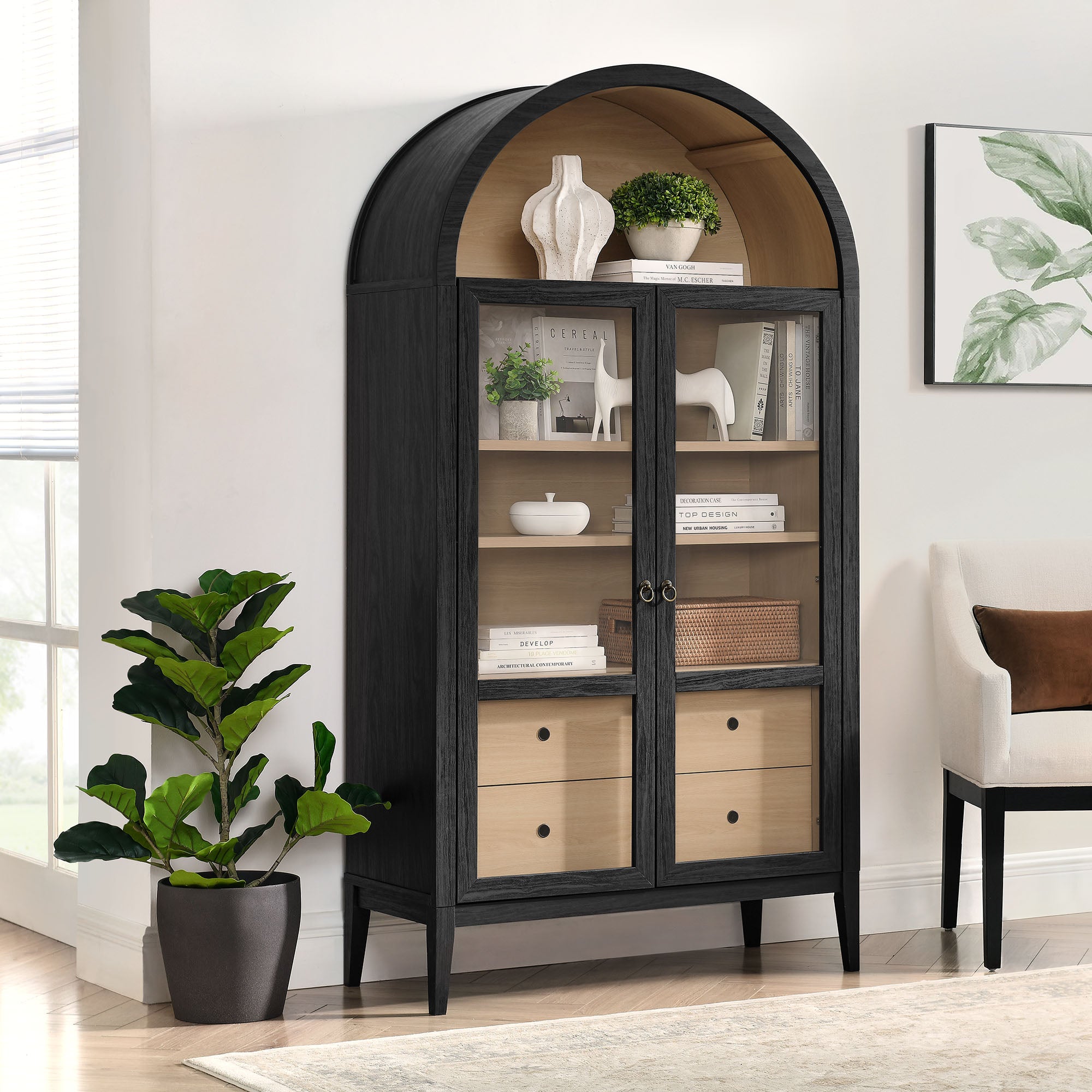 Nolan 74" Tall Wide Arched Storage Display Cabinet - Black Oak