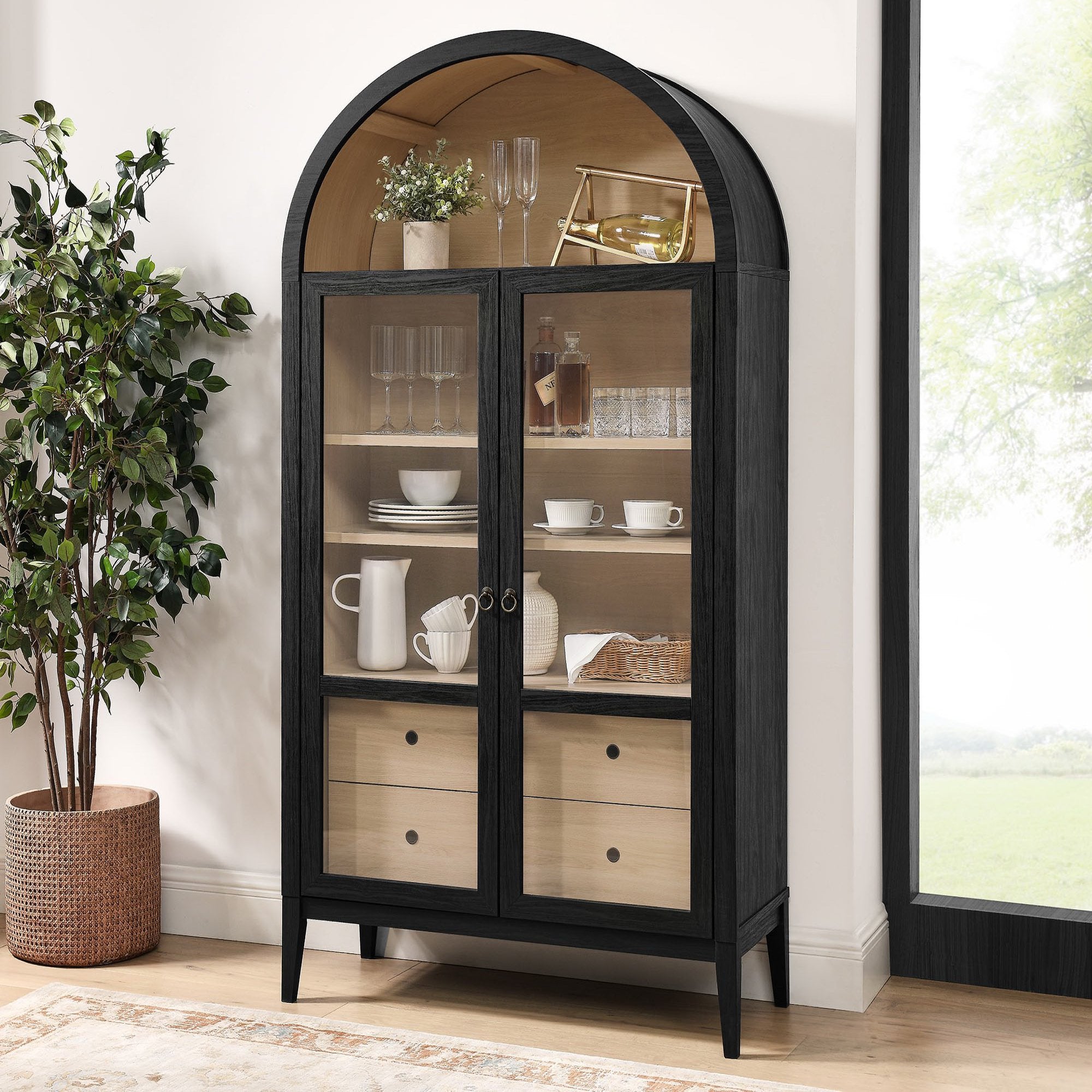 Nolan 74" Tall Wide Arched Storage Display Cabinet - Black Oak
