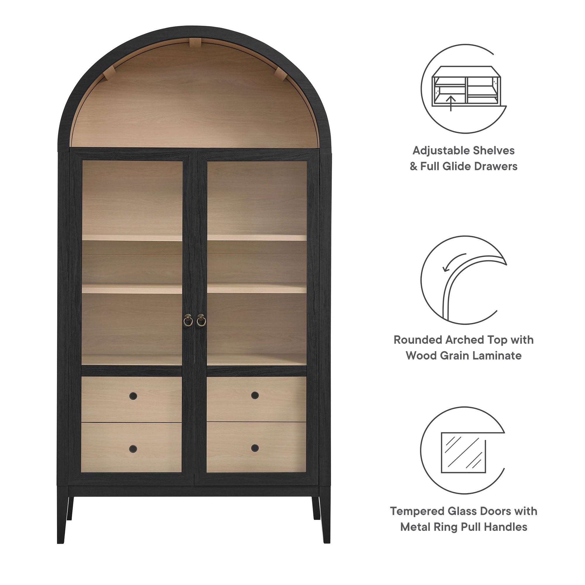 Nolan 74" Tall Wide Arched Storage Display Cabinet - Black Oak