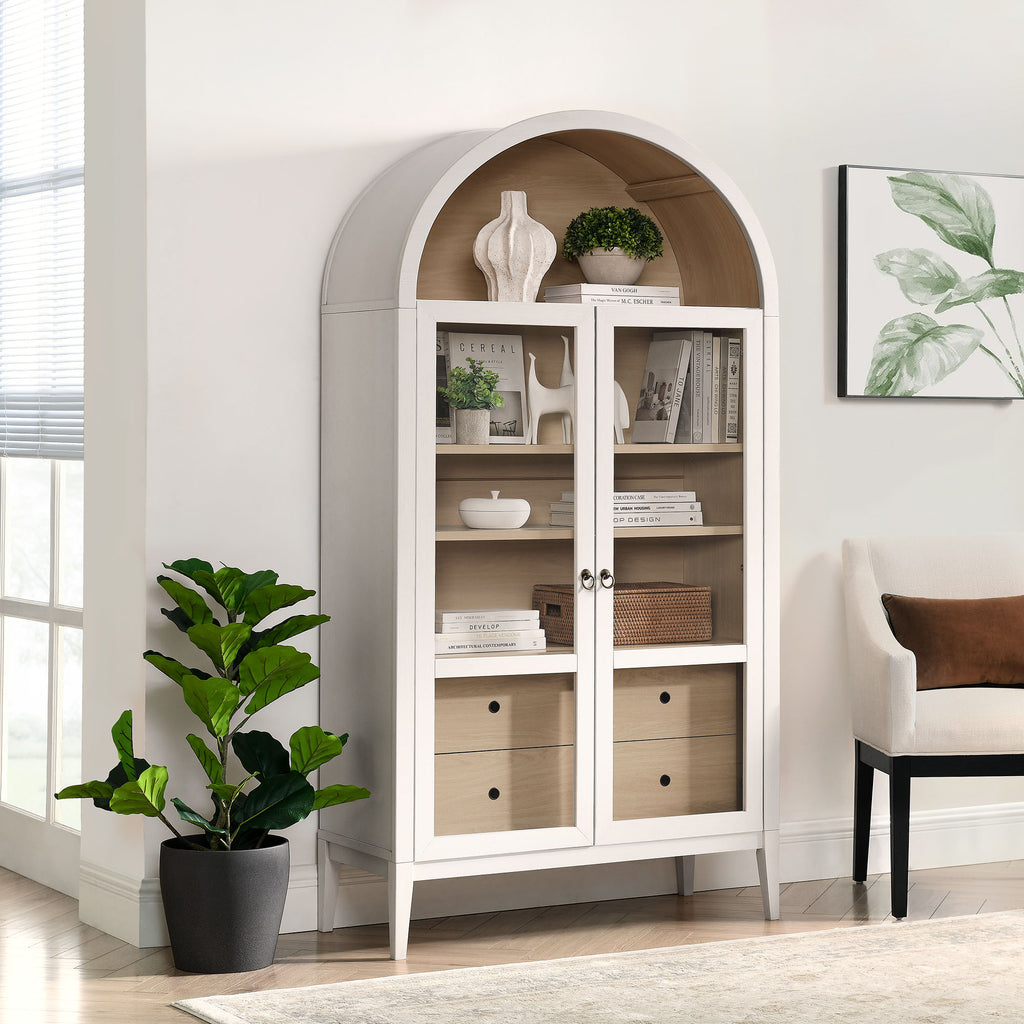 Nolan 74" Tall Wide Arched Storage Display Cabinet - Ivory Oak