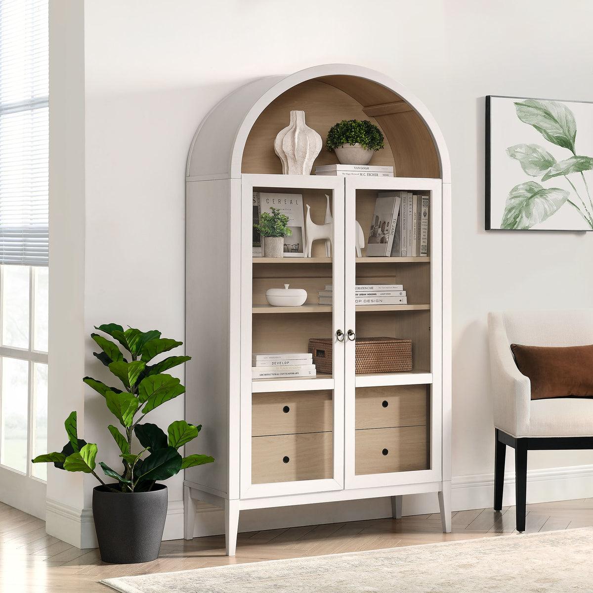 Nolan 74" Tall Wide Arched Storage Display Cabinet - Ivory Oak