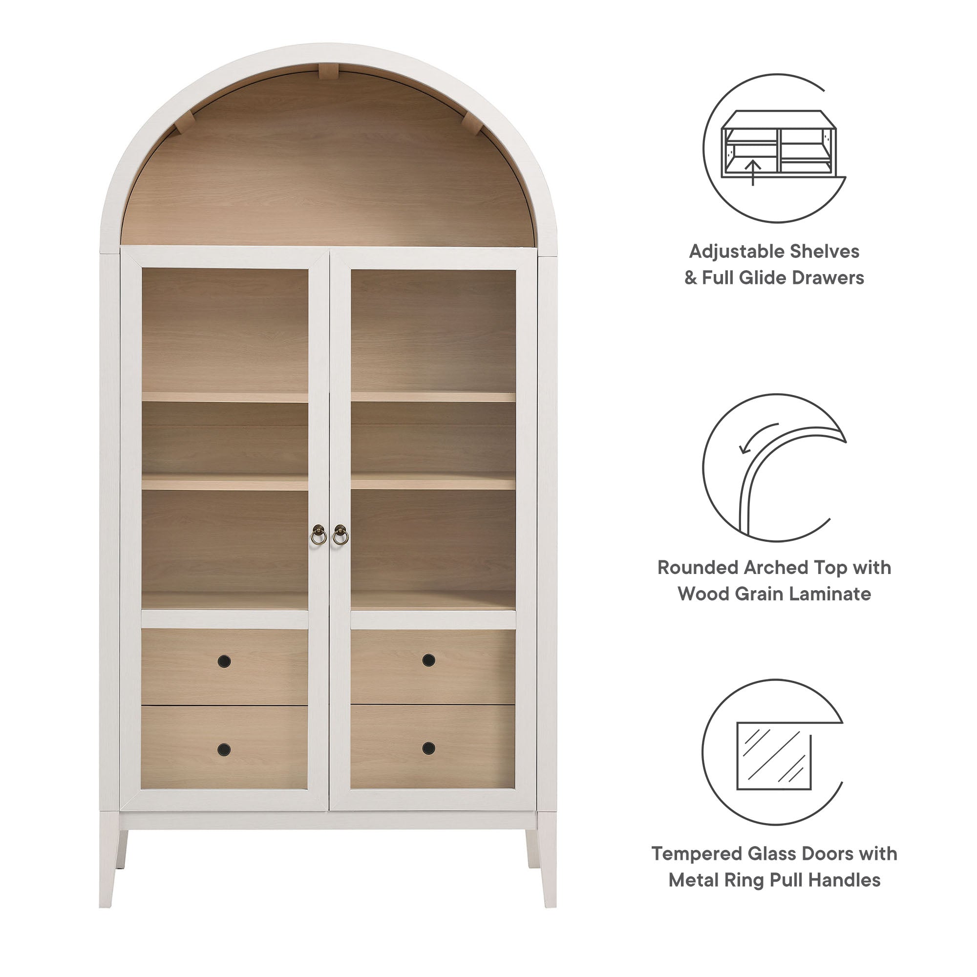 Nolan 74" Tall Wide Arched Storage Display Cabinet - Ivory Oak