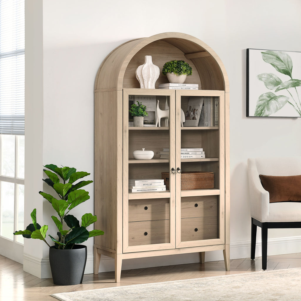 Nolan 74" Tall Wide Arched Storage Display Cabinet - Light Oak