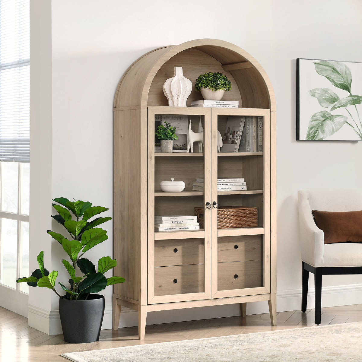 Nolan 74" Tall Wide Arched Storage Display Cabinet - Light Oak