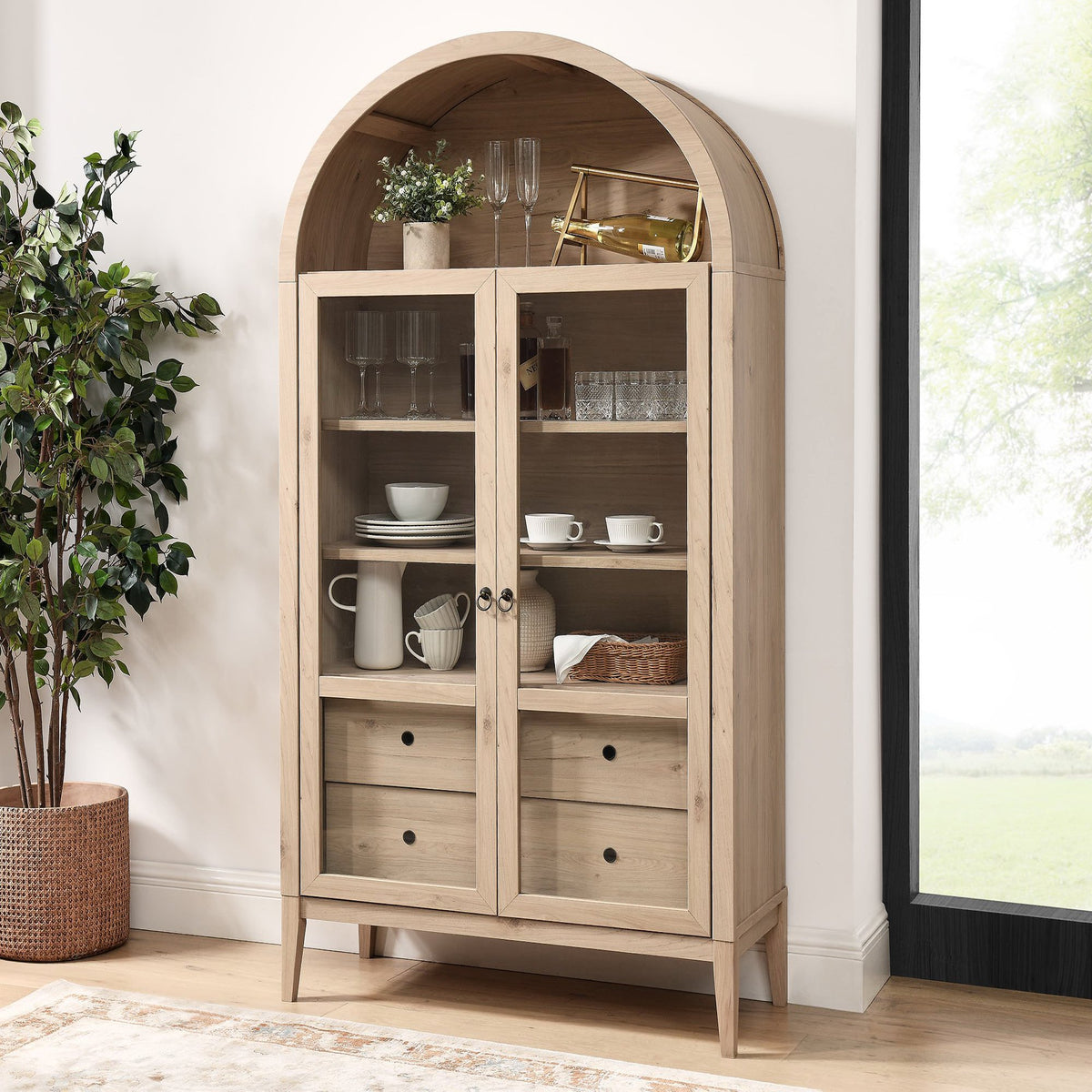 Nolan 74" Tall Wide Arched Storage Display Cabinet - Light Oak