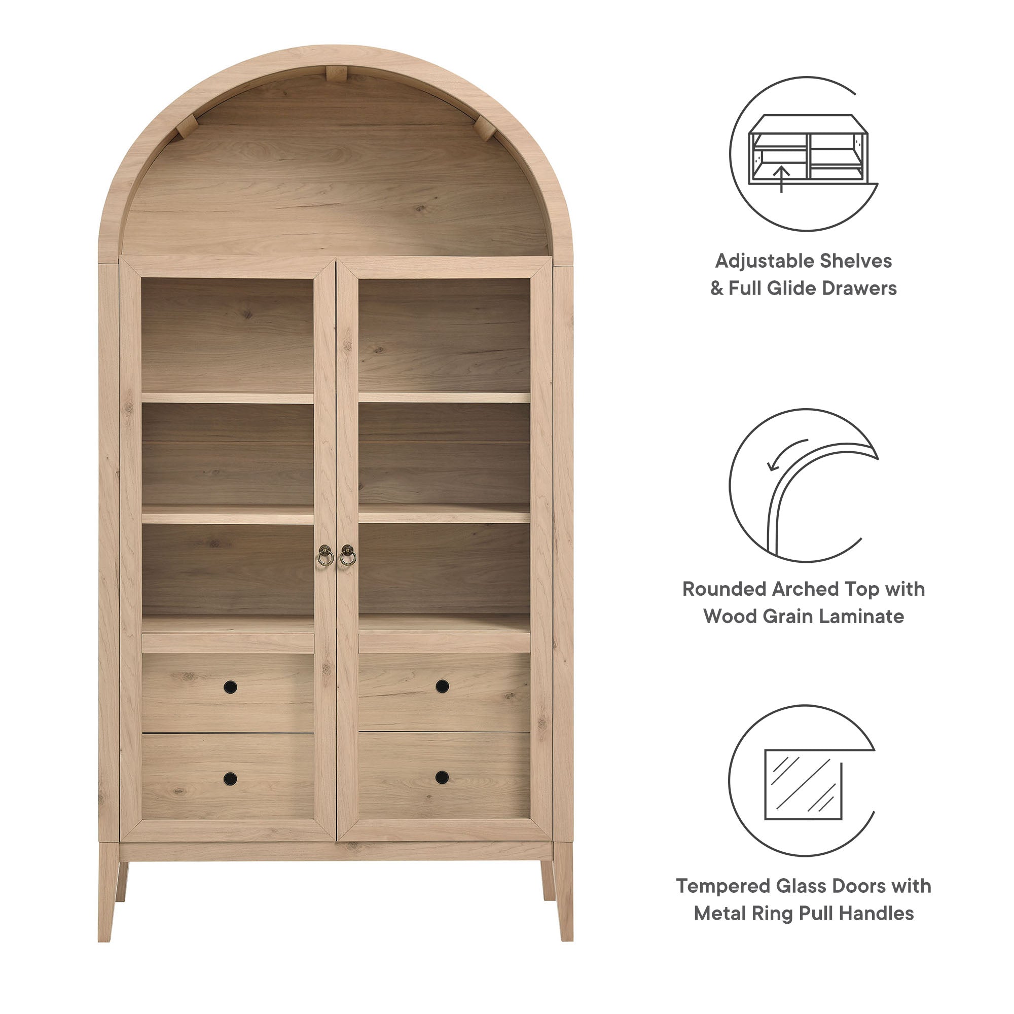 Nolan 74" Tall Wide Arched Storage Display Cabinet - Light Oak